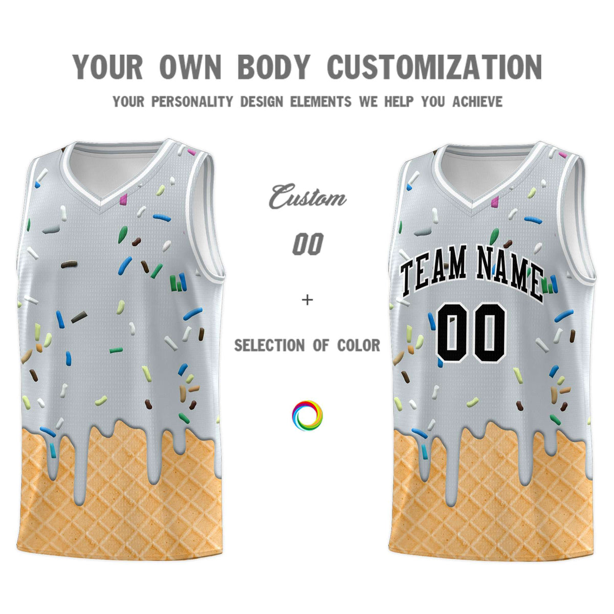 Custom Silver Basketball Kits with Ice Cream Element Pattern