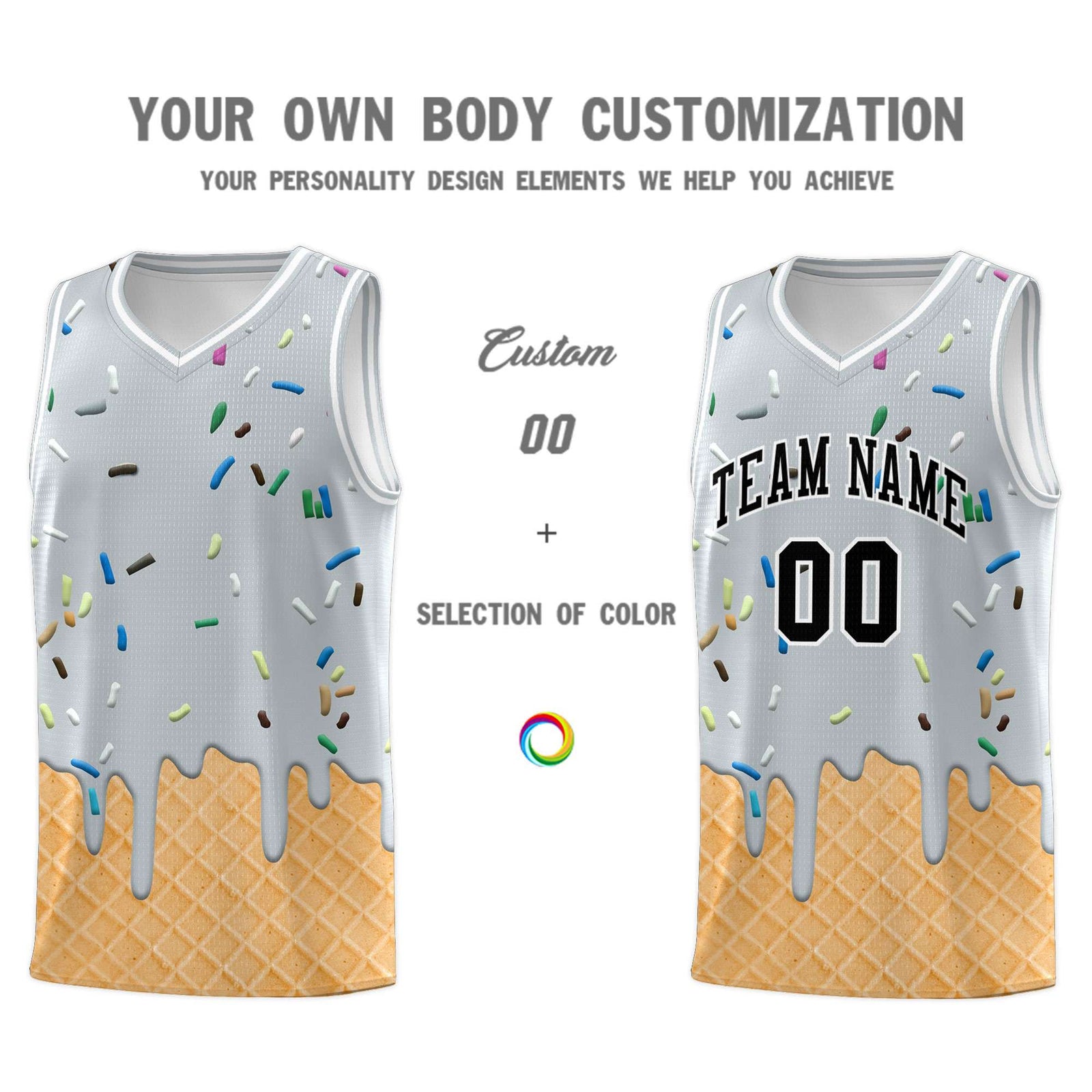 Custom Silver Basketball Kits with Ice Cream Element Pattern