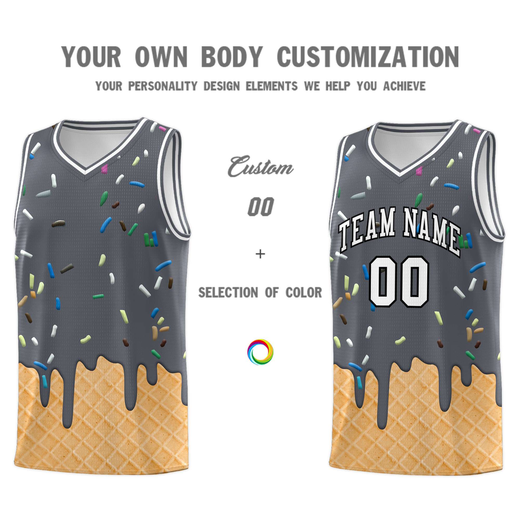 Custom Gray Basketball Kits with Ice Cream Element Pattern