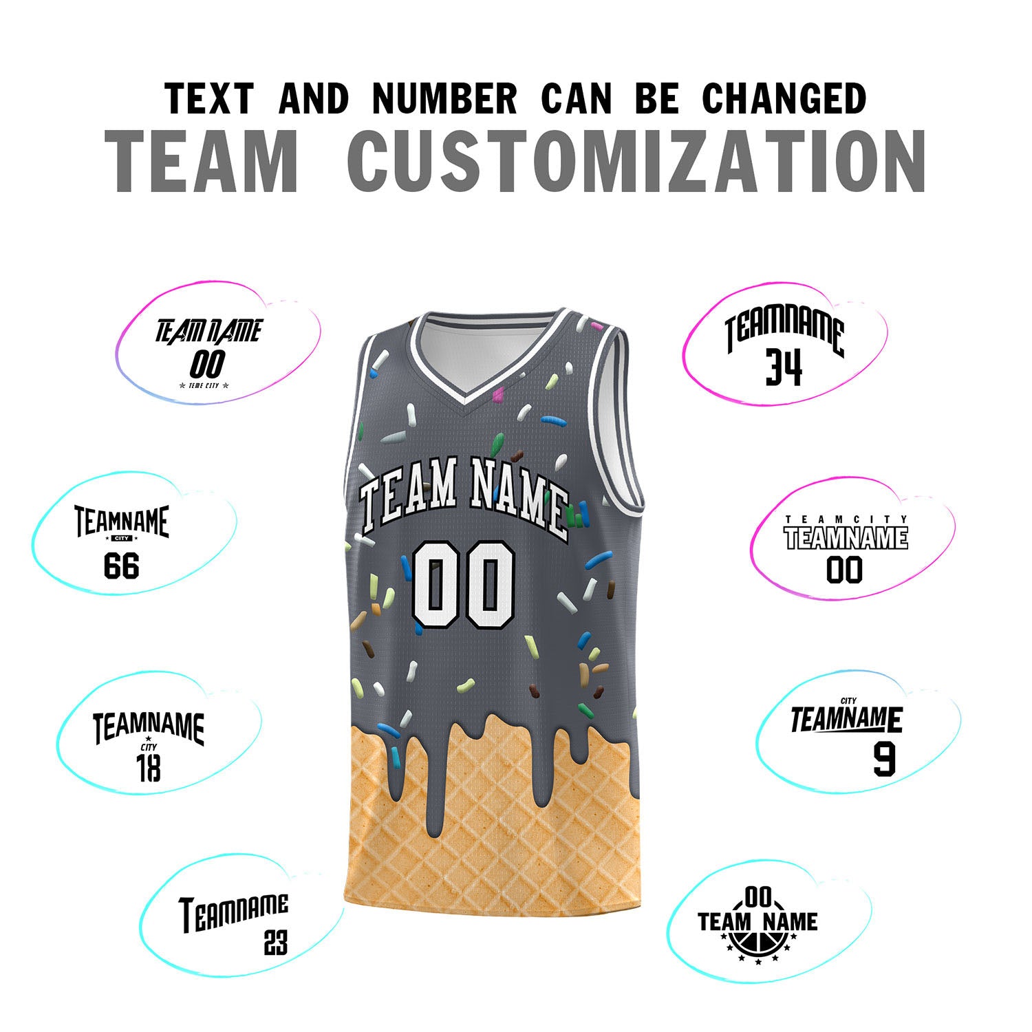 Custom Gray Basketball Kits with Ice Cream Element Pattern