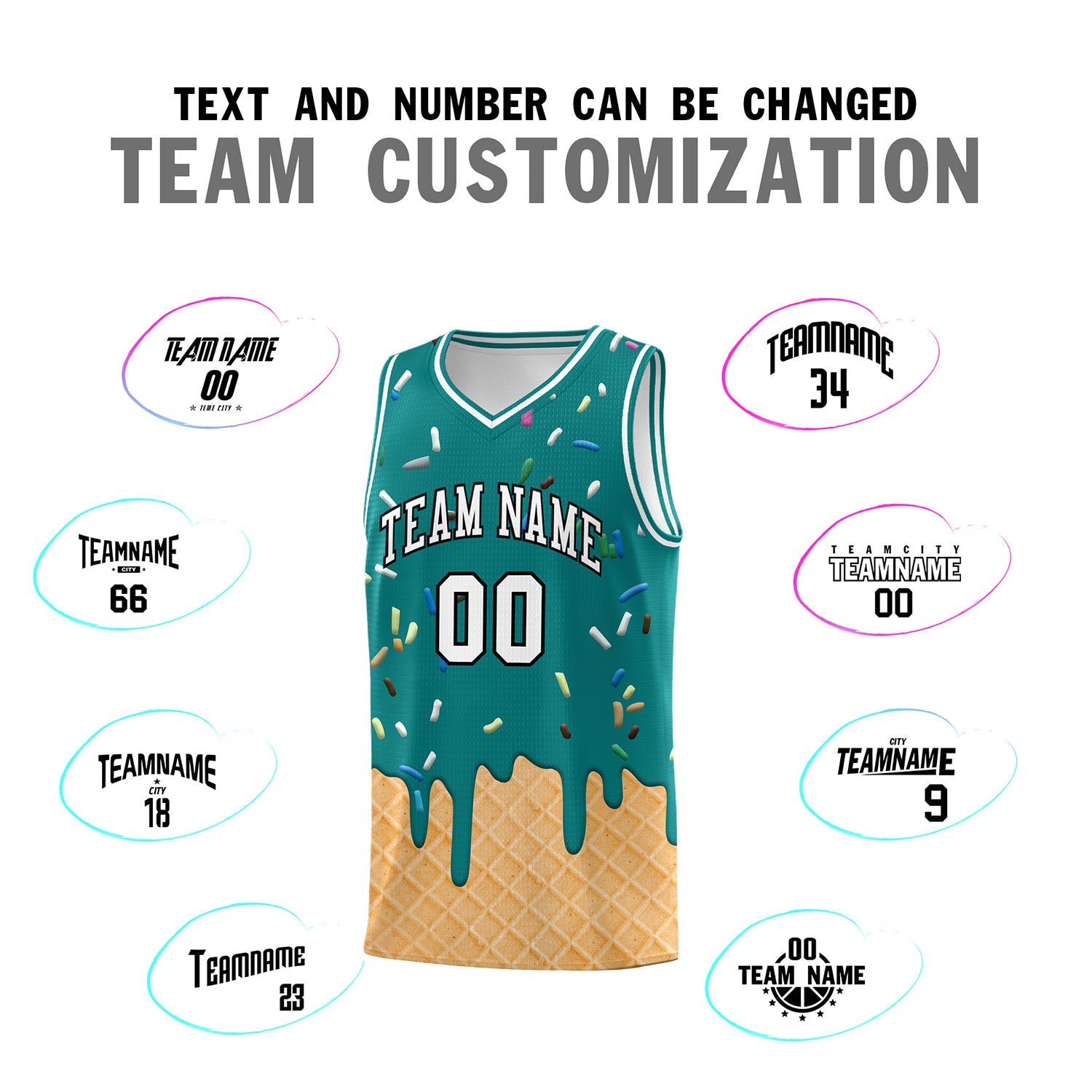 Custom Teal Basketball Kits with Ice Cream Element Pattern