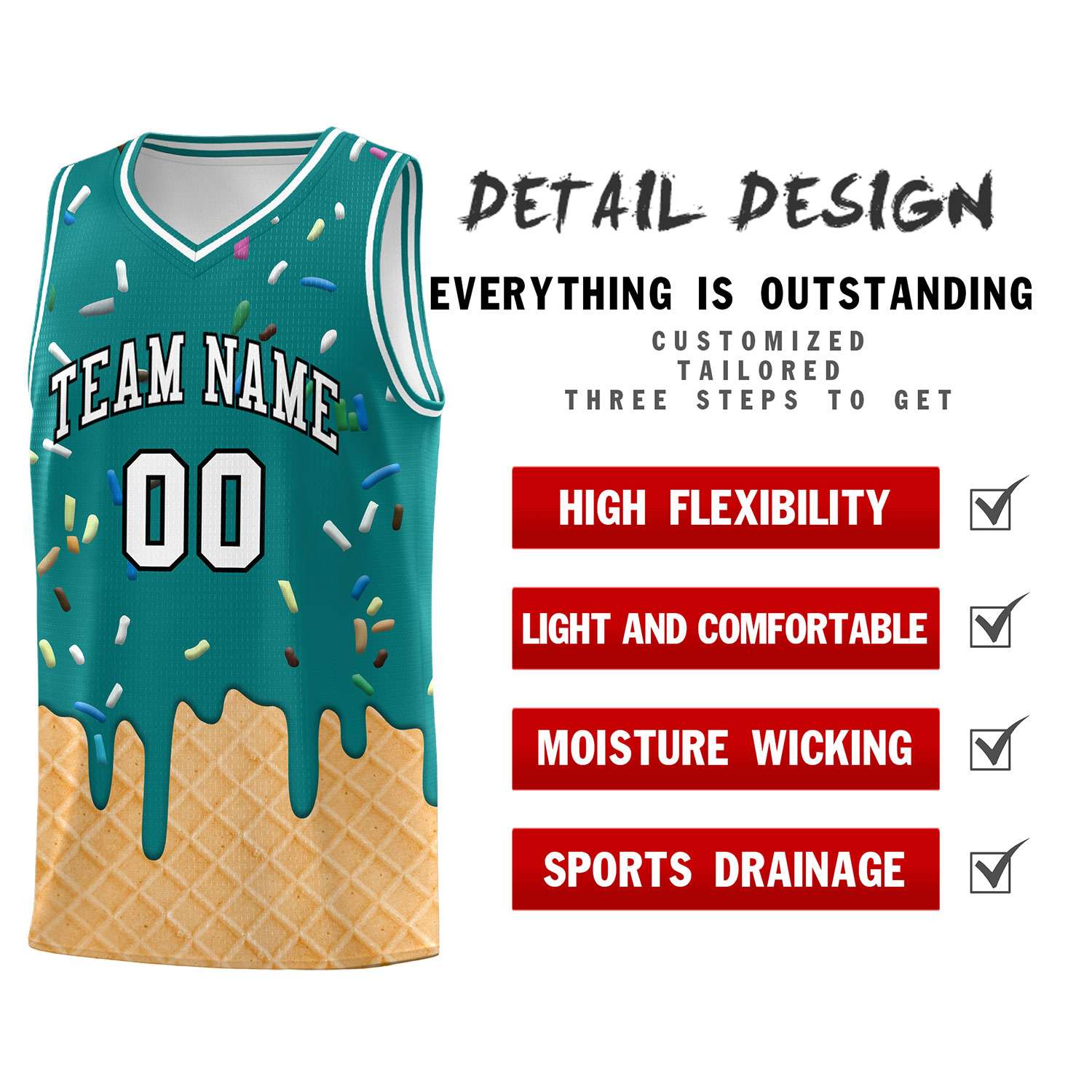 Custom Teal Basketball Kits with Ice Cream Element Pattern