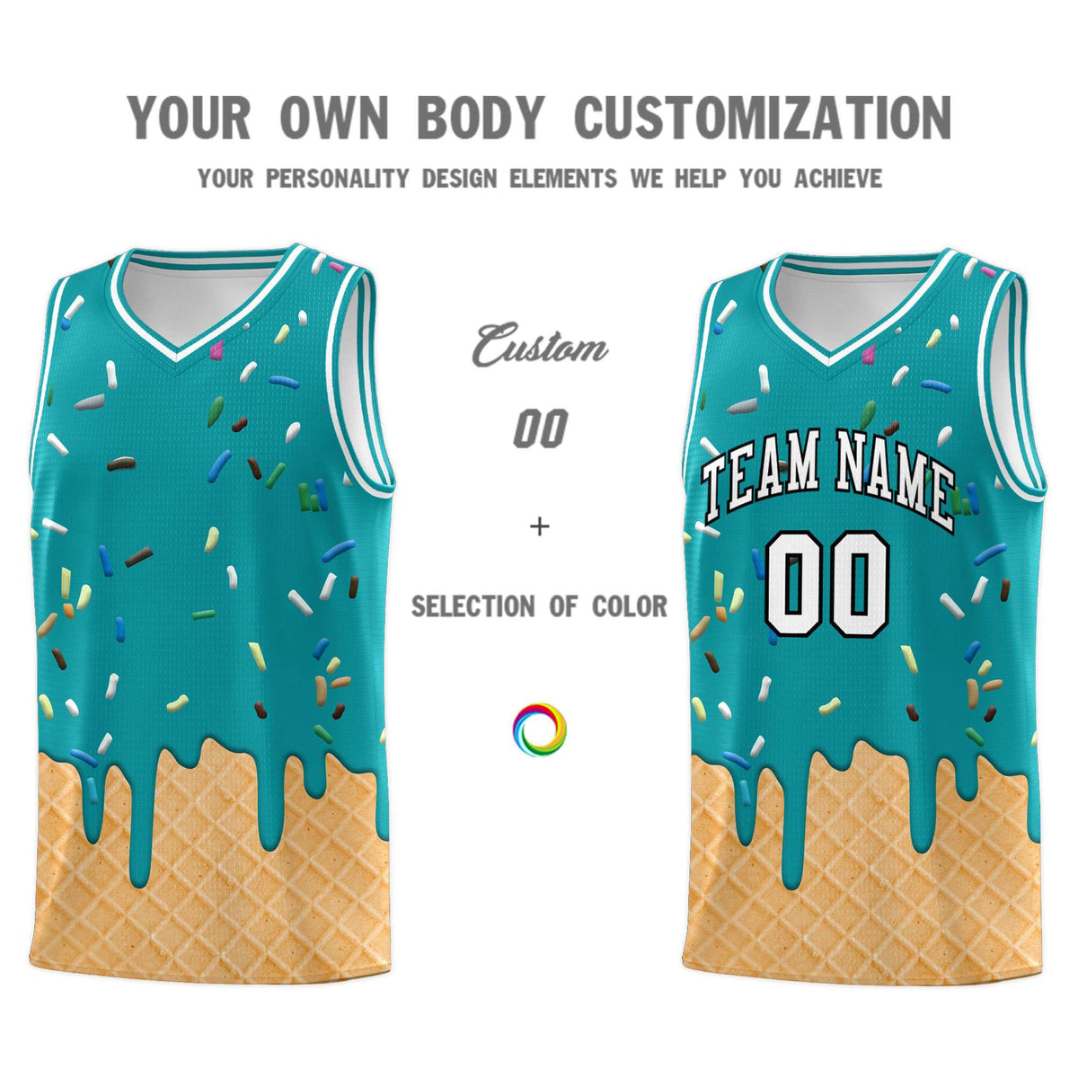 Custom Aqua Basketball Kits with Ice Cream Element Pattern
