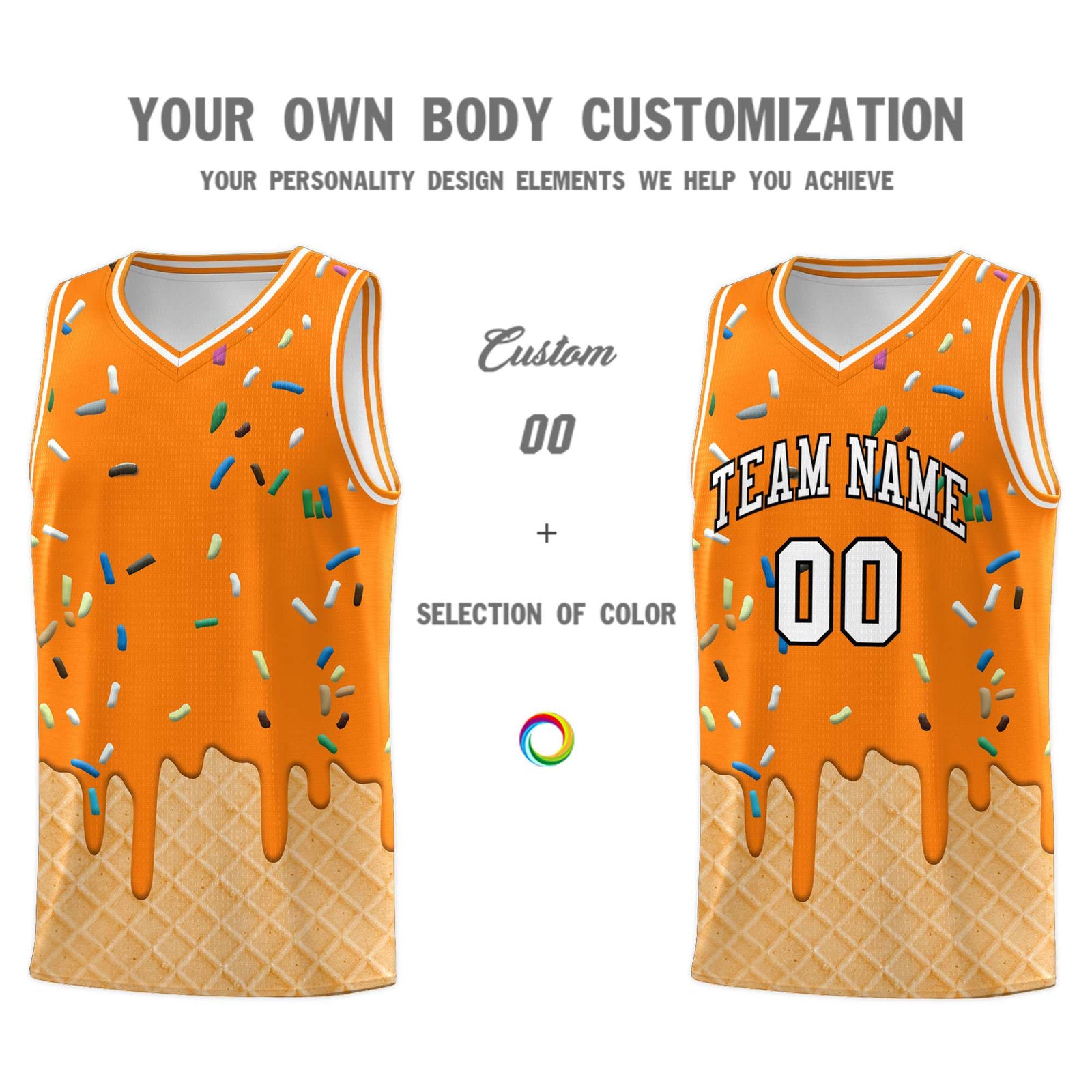 Custom Orange Basketball Kits with Ice Cream Element Pattern