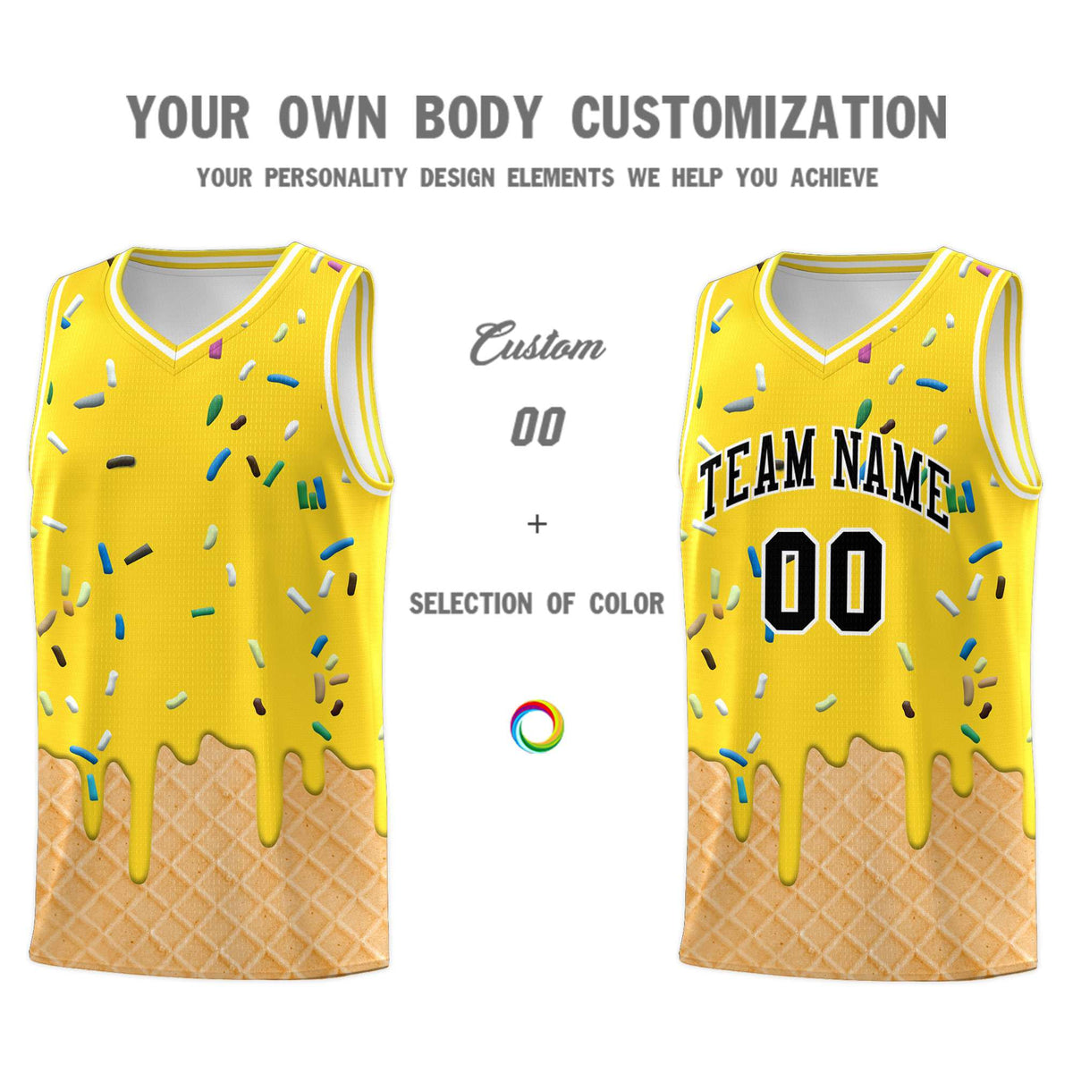 Custom Gold Basketball Kits with Ice Cream Element Pattern