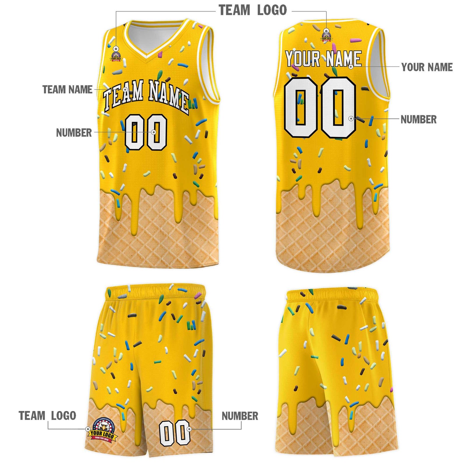 Custom Yellow Basketball Kits with Ice Cream Element Pattern