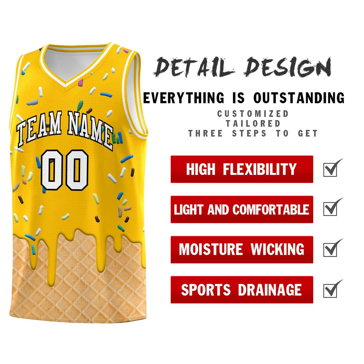 Custom Yellow Basketball Kits with Ice Cream Element Pattern