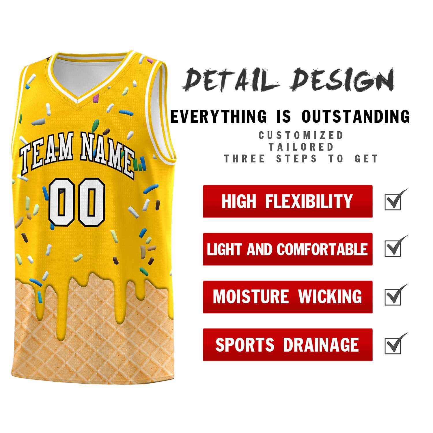 Custom Yellow Basketball Kits with Ice Cream Element Pattern
