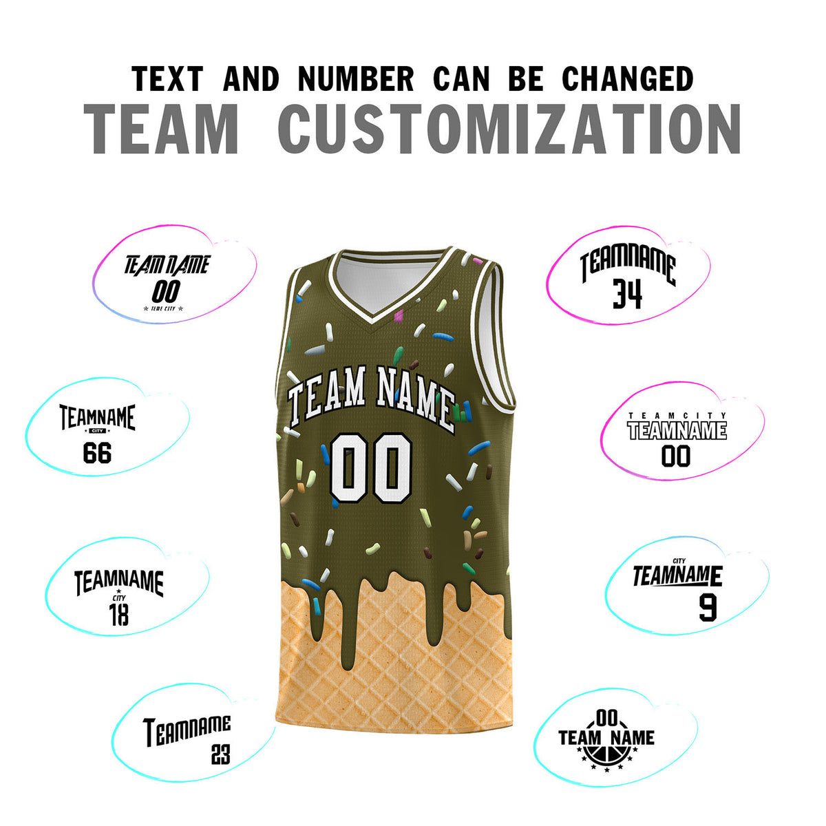 Custom Olive Basketball Kits with Ice Cream Element Pattern