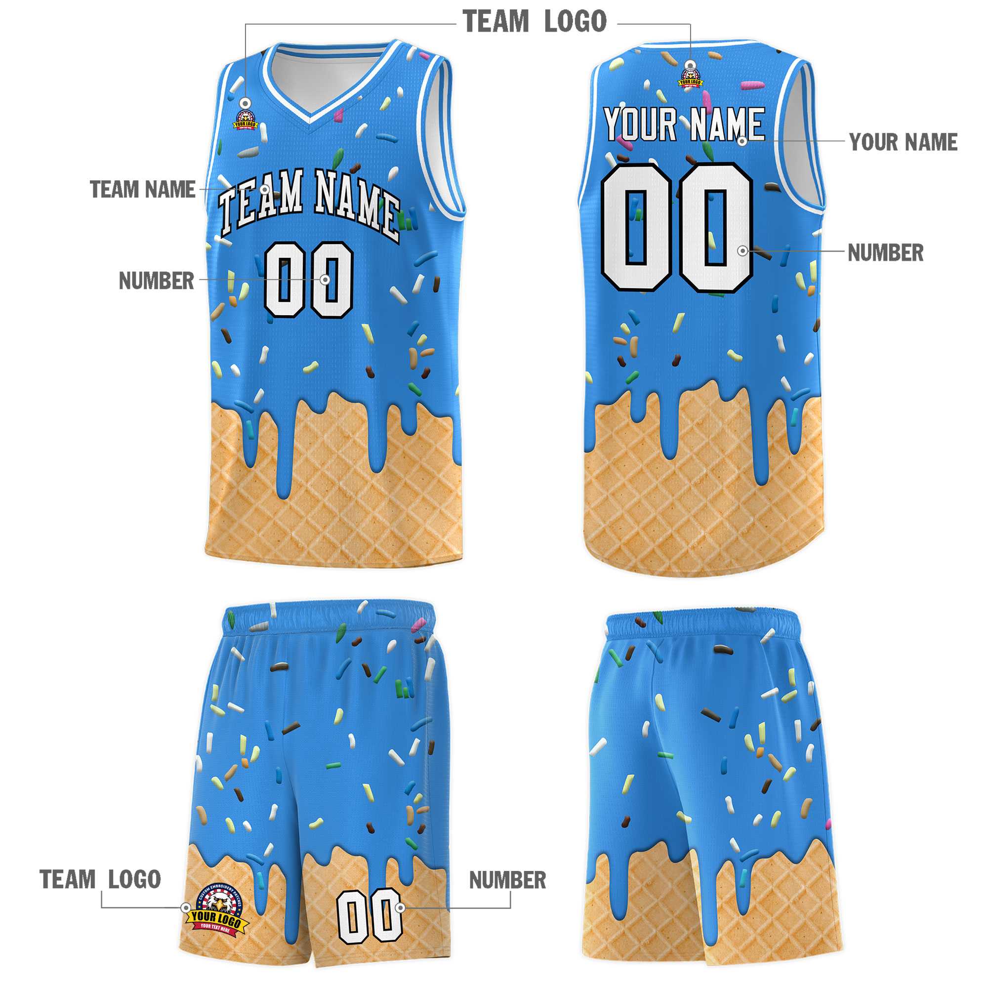 Custom Light Blue Basketball Kits with Ice Cream Element Pattern