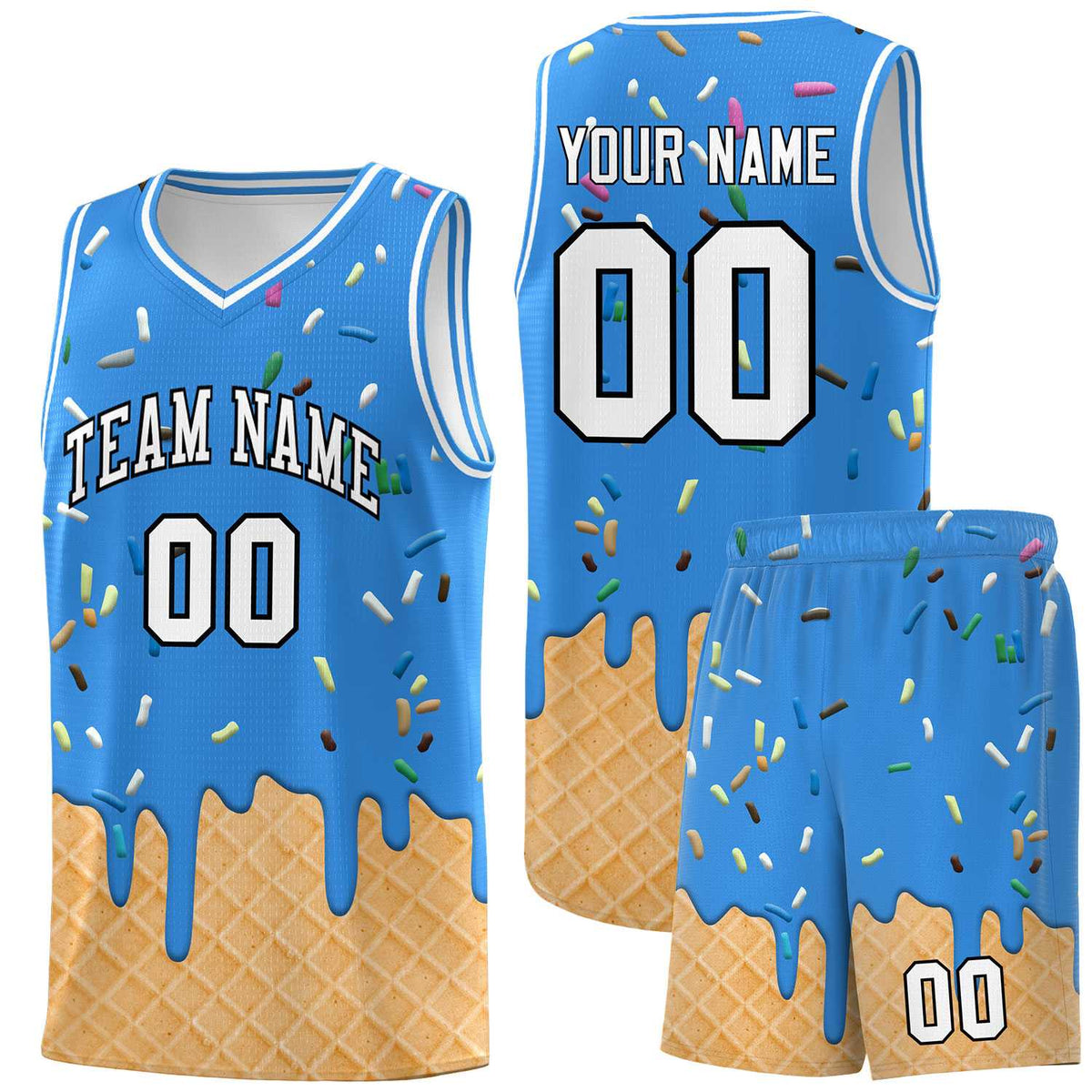 Custom Light Blue Basketball Kits with Ice Cream Element Pattern