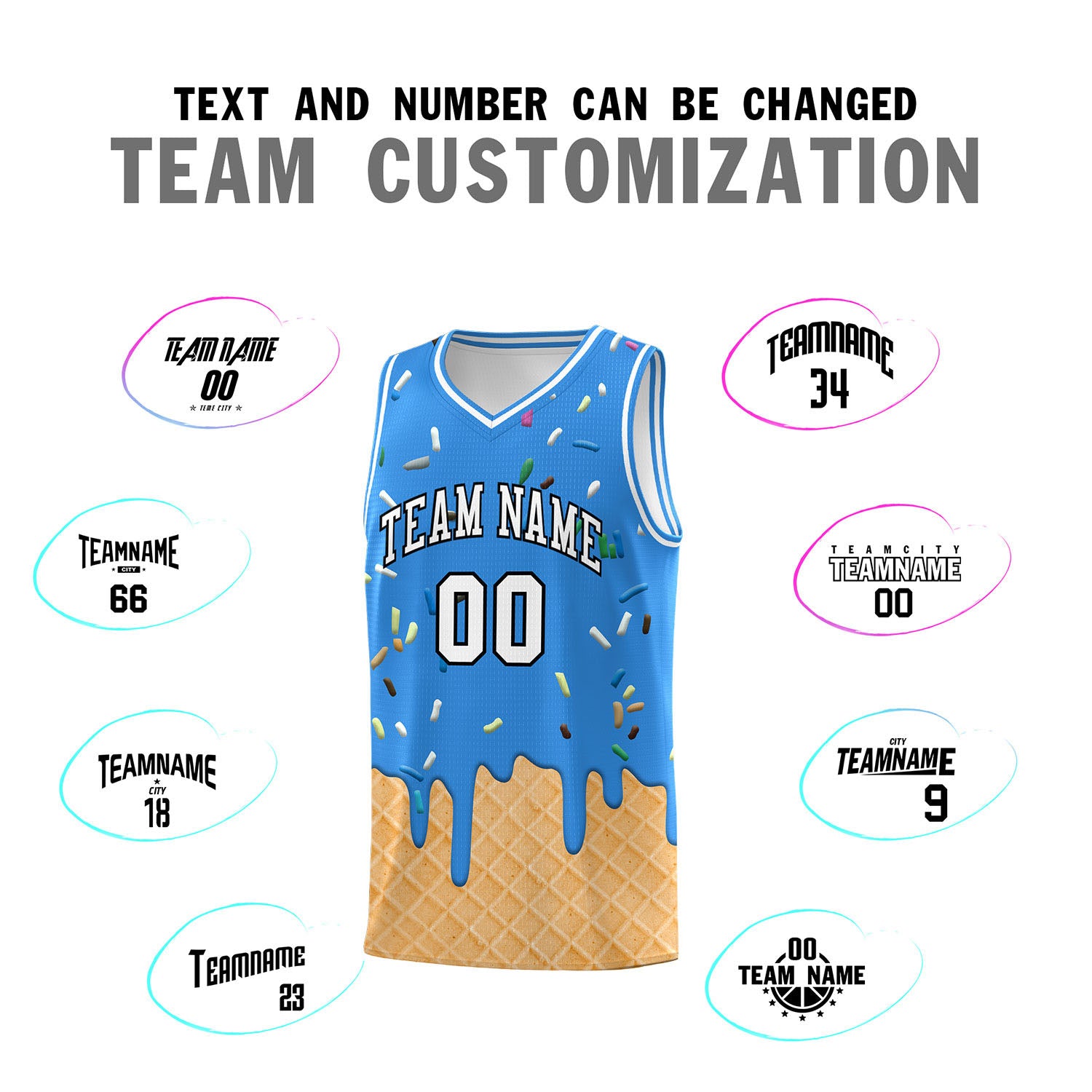 Custom Light Blue Basketball Kits with Ice Cream Element Pattern