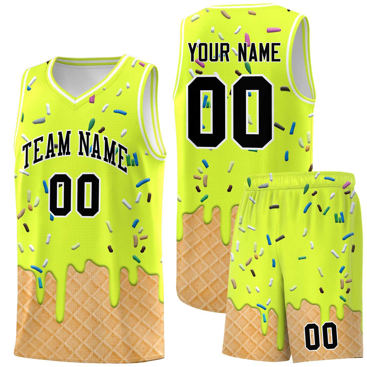 Custom Fluorescent Green Basketball Kits with Ice Cream Element Pattern