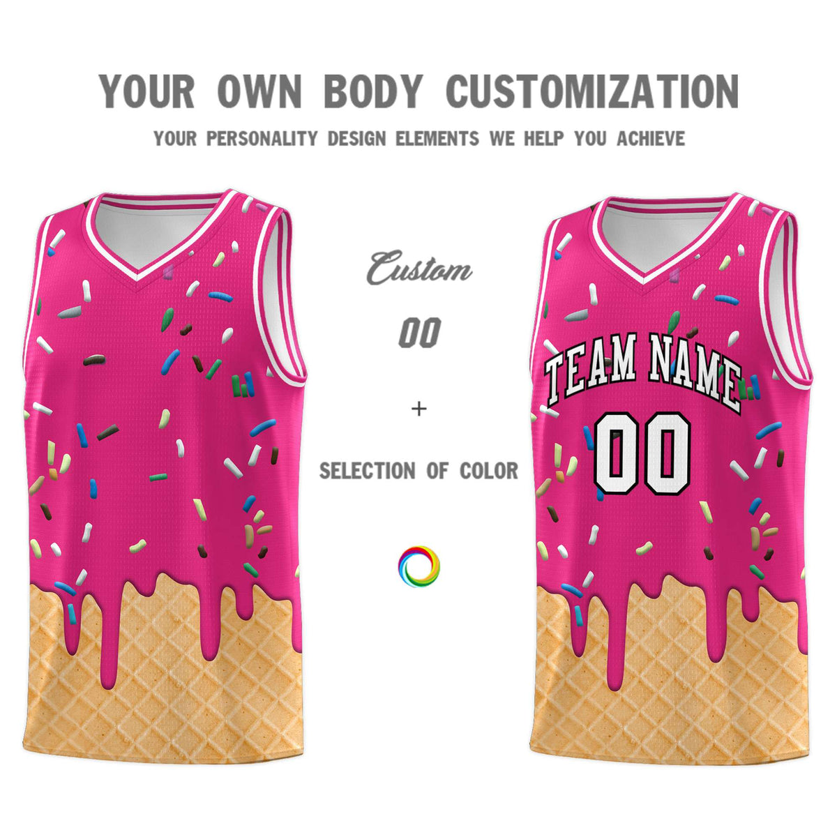 Custom Rose Red Basketball Kits with Ice Cream Element Pattern