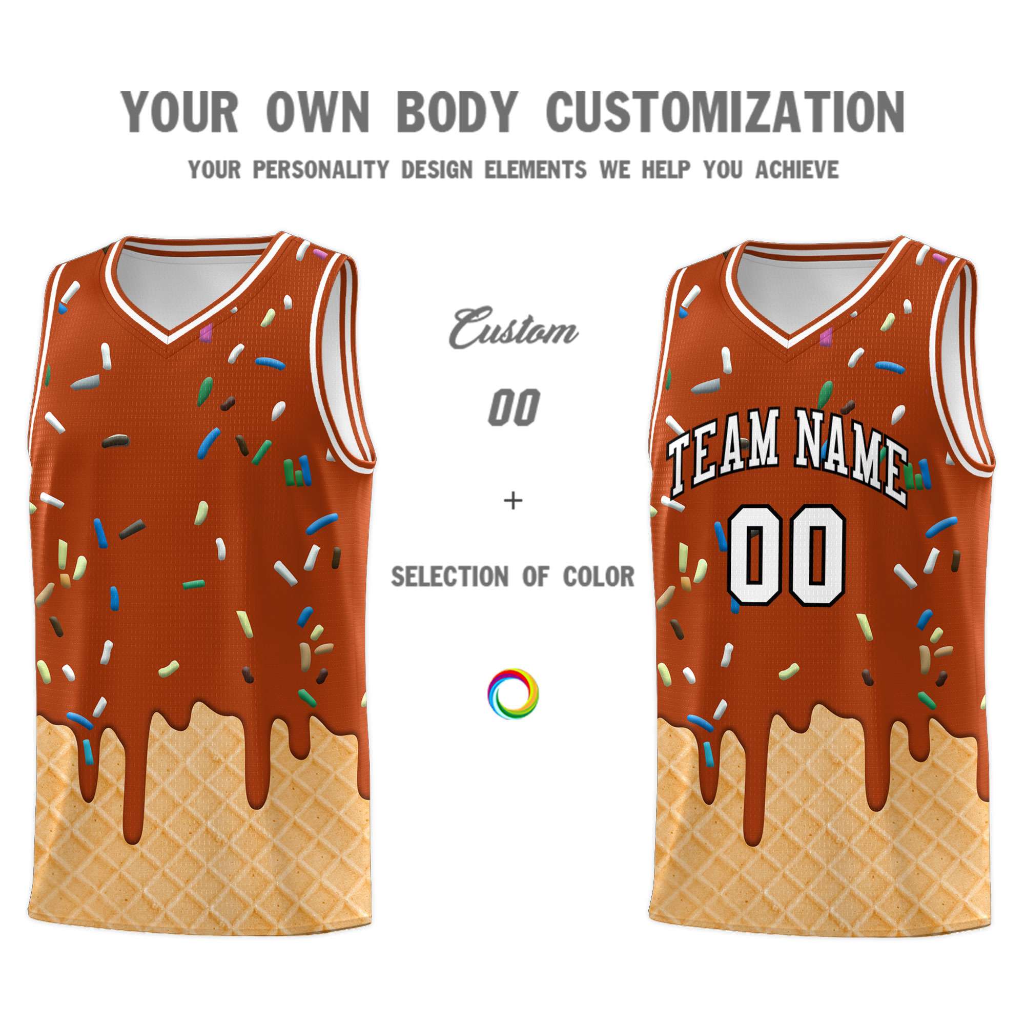Custom Dark Orange Basketball Kits with Ice Cream Element Pattern