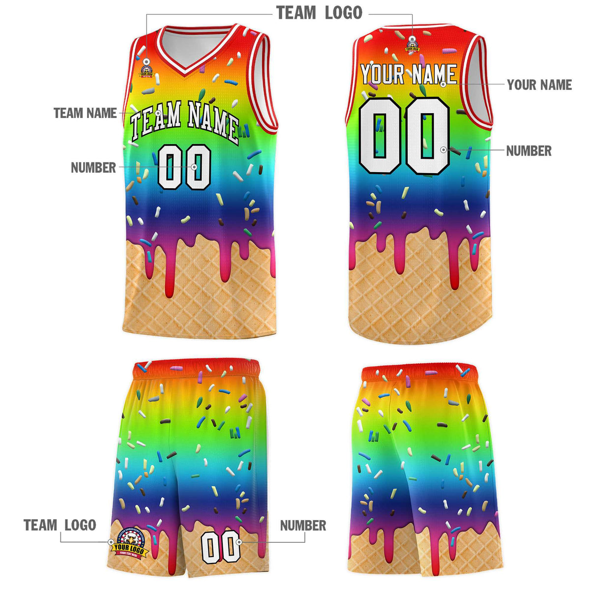 Custom Rainbow Basketball Kits with Ice Cream Element Pattern
