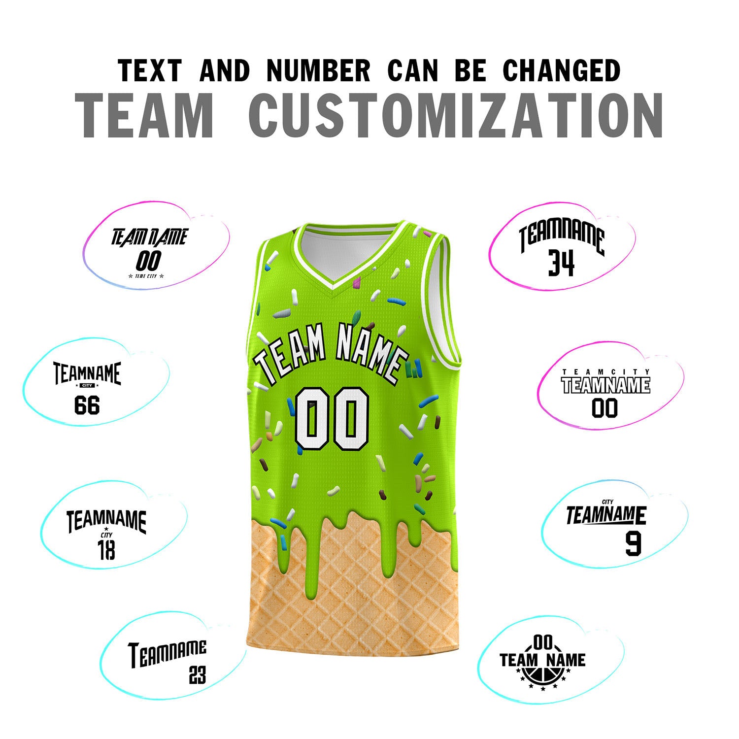 Custom Neon Green Basketball Kits with Ice Cream Element Pattern