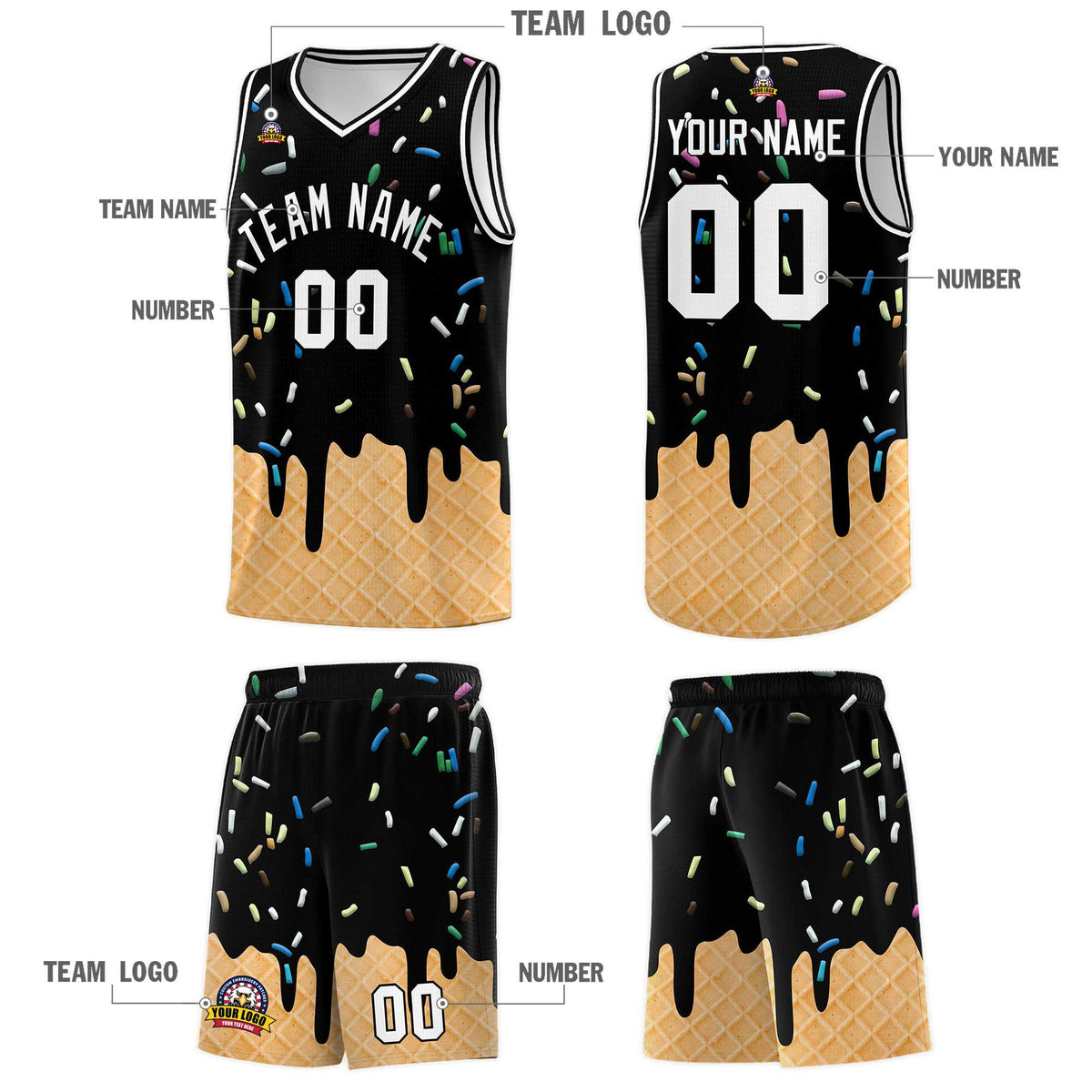 Custom Black Basketball Kits with Ice Cream Element Pattern