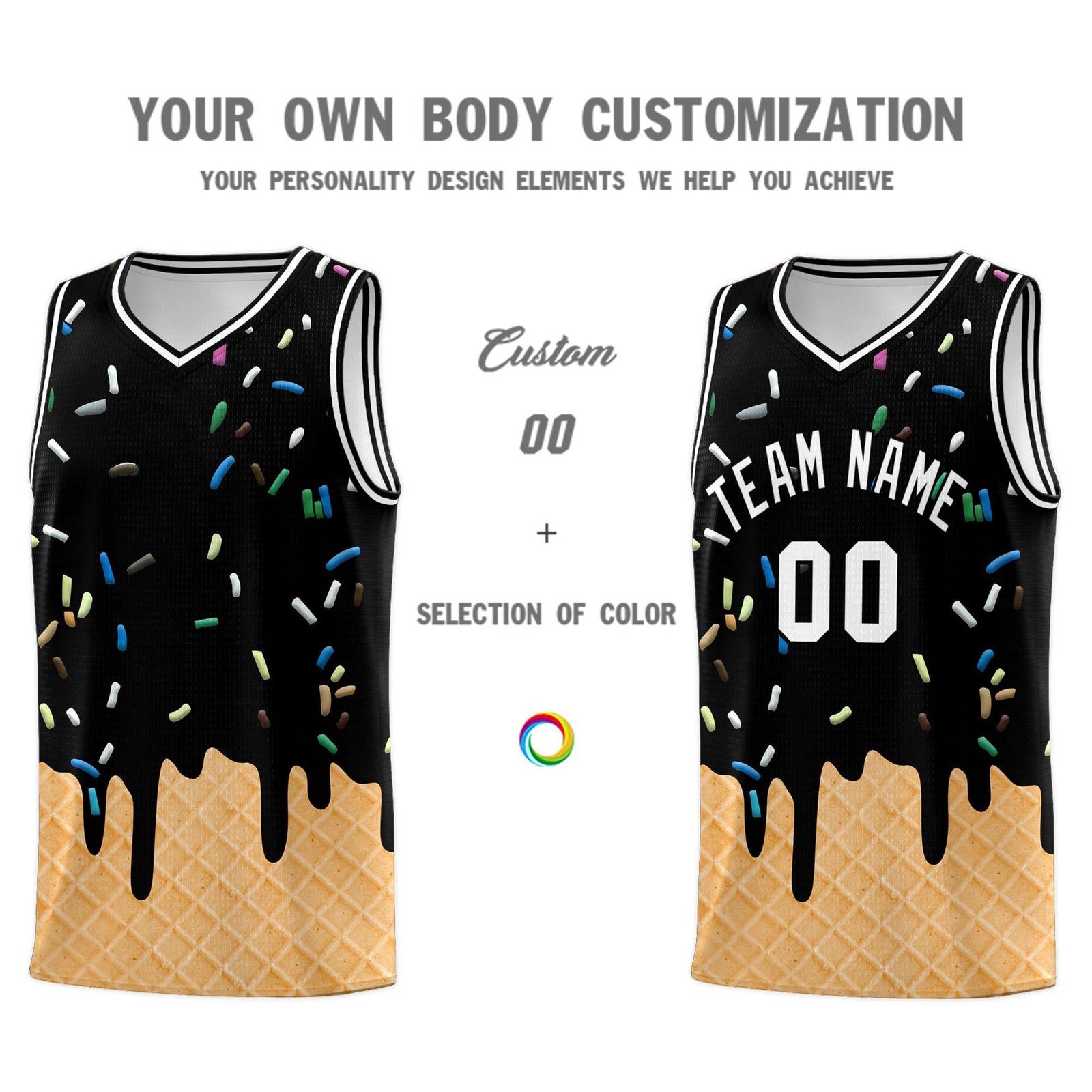 Custom Black Basketball Kits with Ice Cream Element Pattern