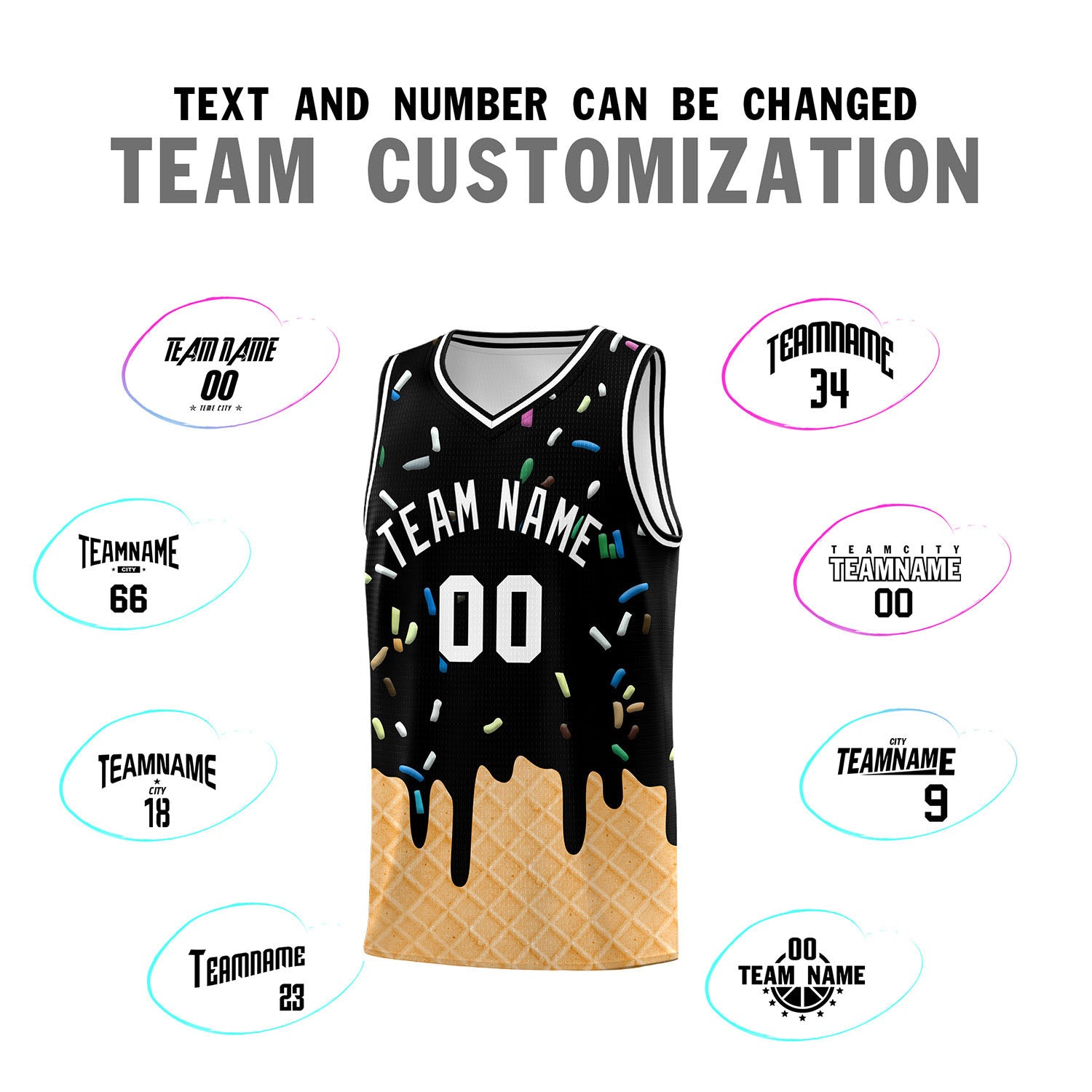 Custom Black Basketball Kits with Ice Cream Element Pattern