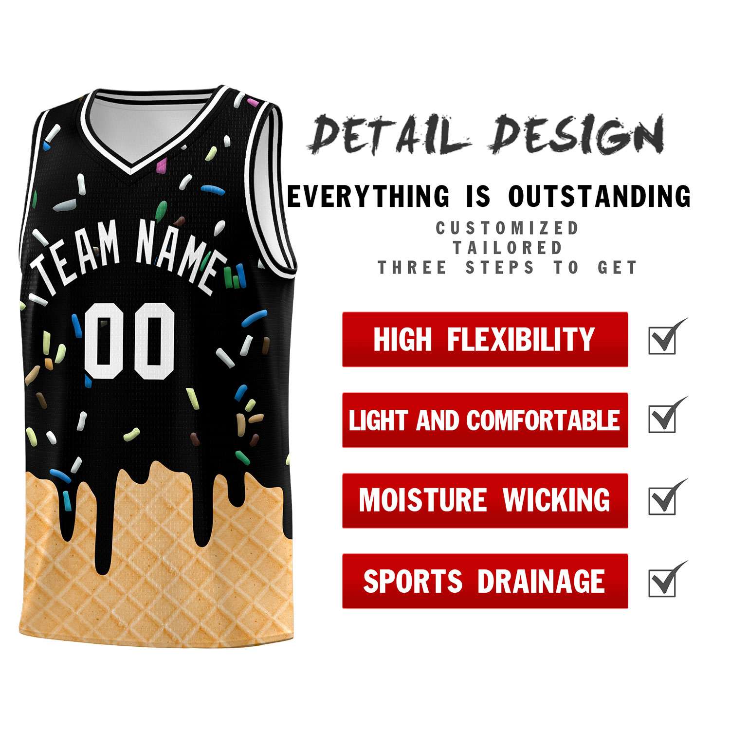 Custom Black Basketball Kits with Ice Cream Element Pattern