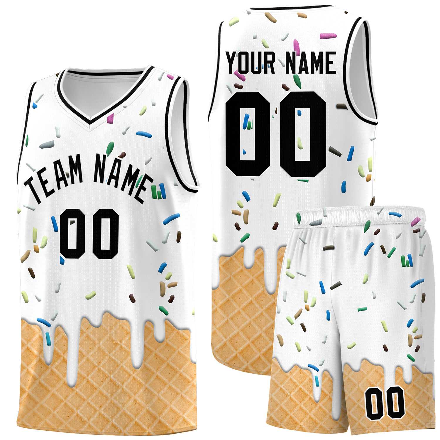 Custom White Basketball Kits with Ice Cream Element Pattern