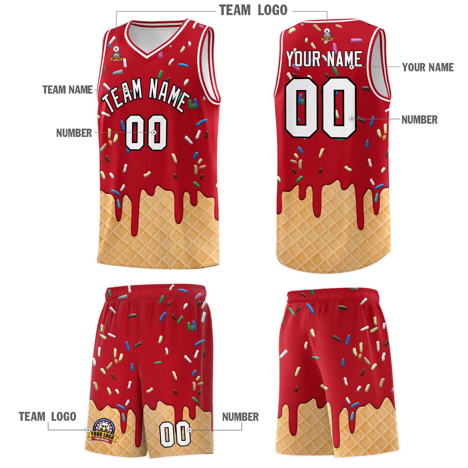 Custom Red Basketball Kits with Ice Cream Element Pattern