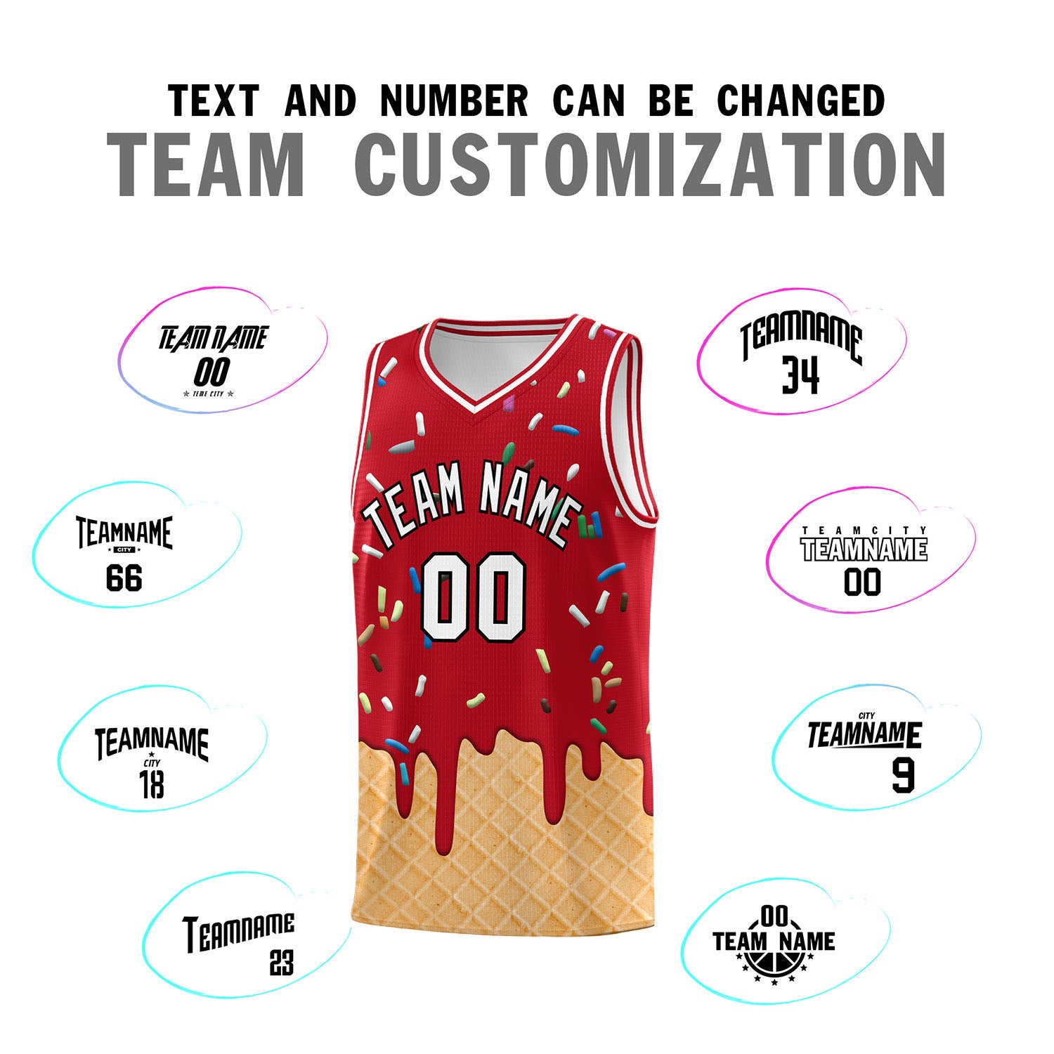 Custom Red Basketball Kits with Ice Cream Element Pattern