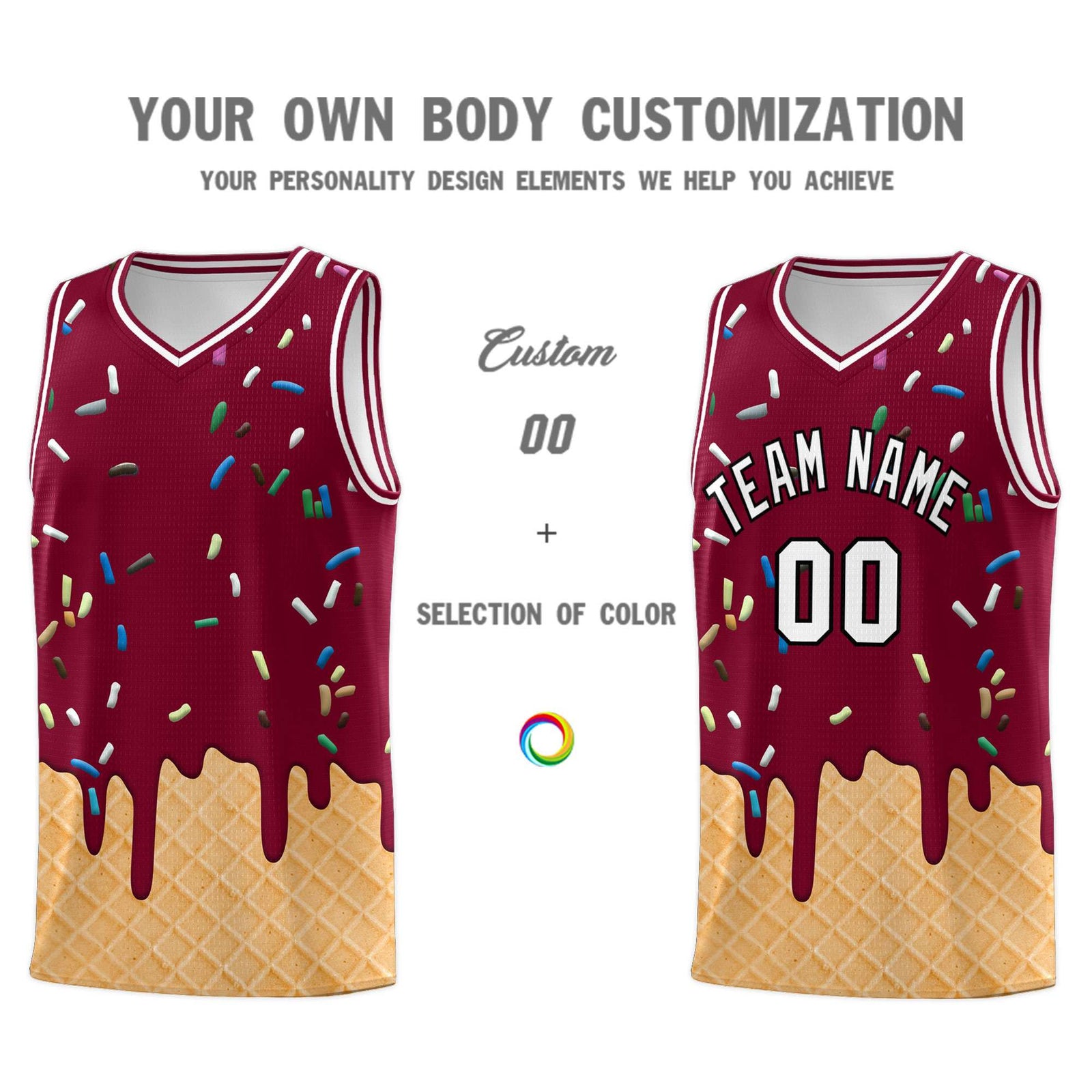Custom Crimson Basketball Kits with Ice Cream Element Pattern