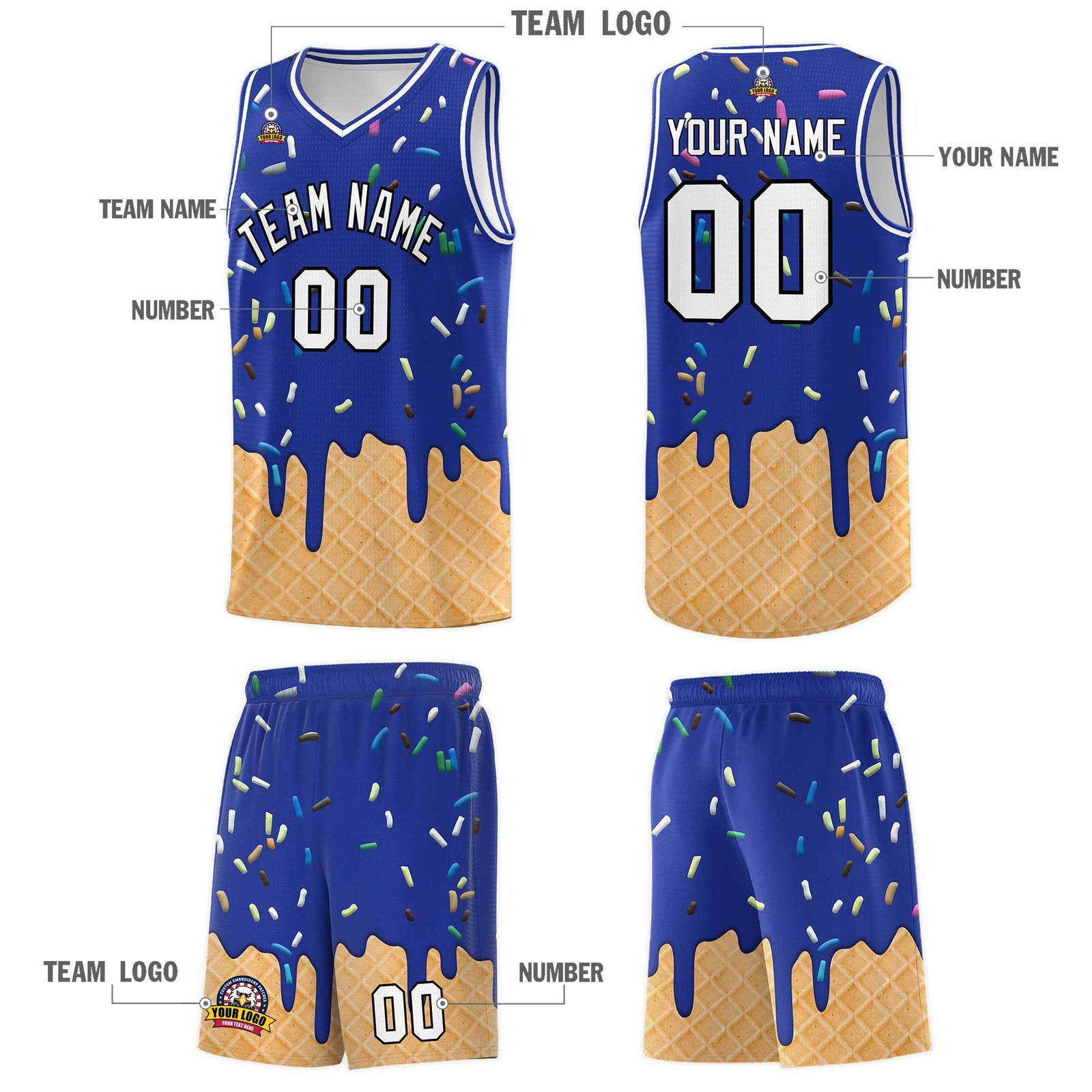 Custom Royal Blue Basketball Kits with Ice Cream Element Pattern