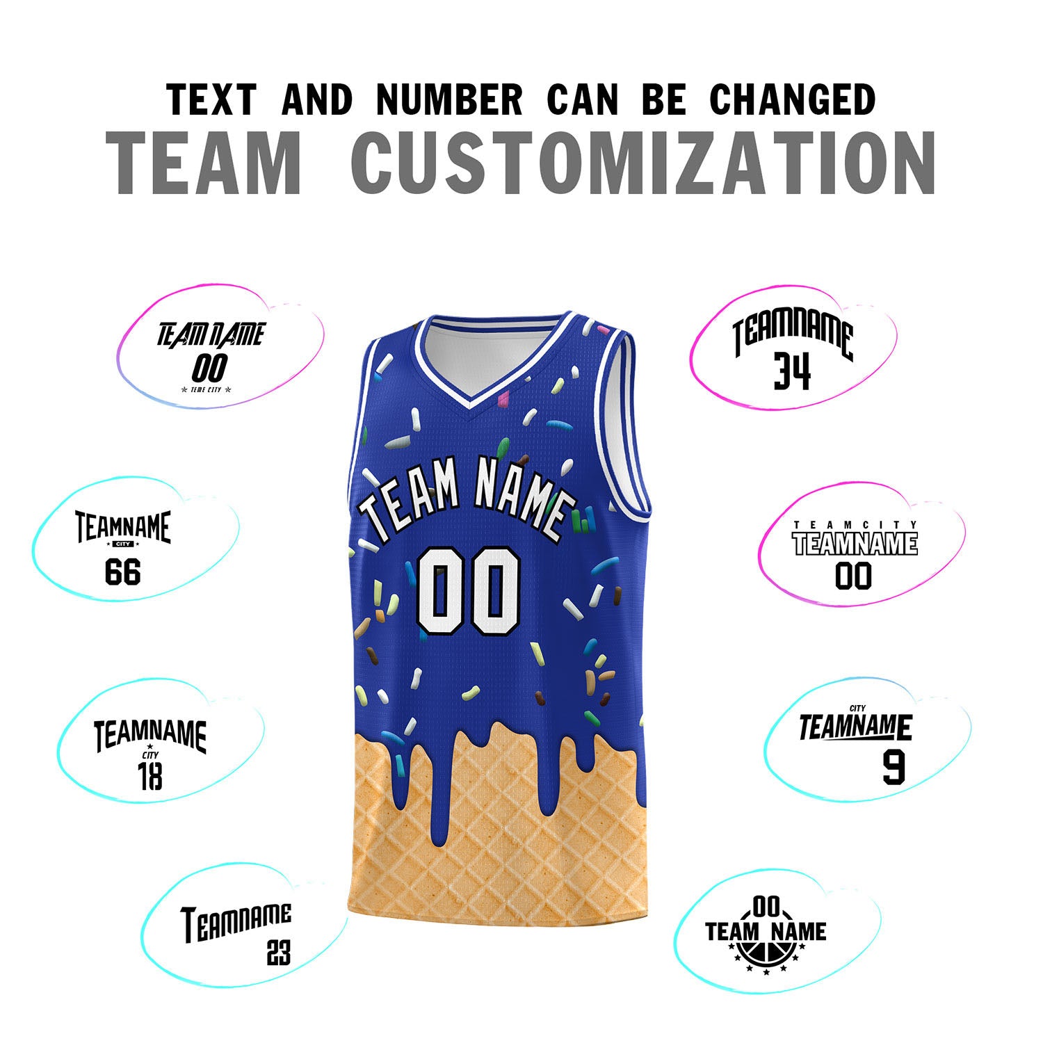 Custom Royal Blue Basketball Kits with Ice Cream Element Pattern