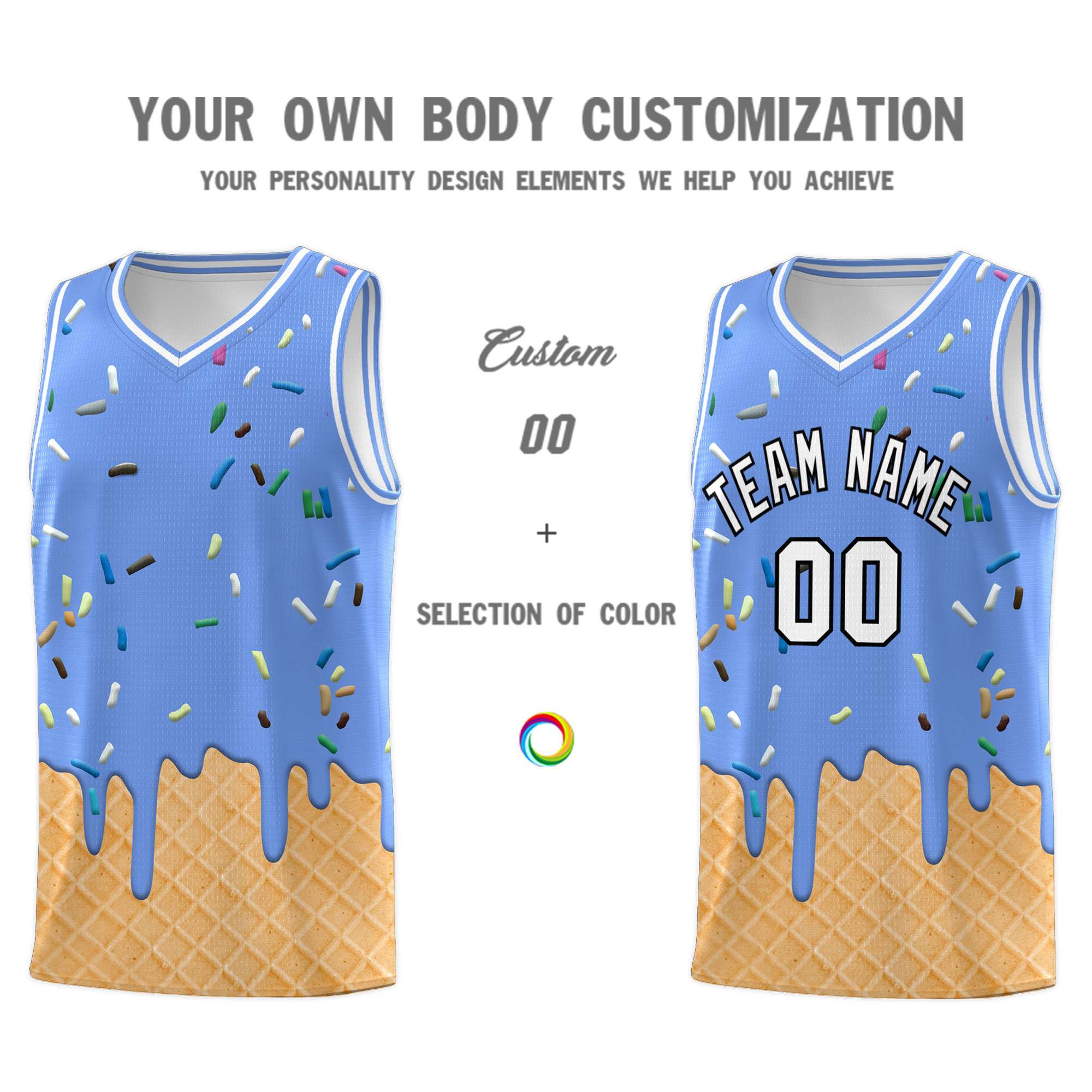Custom Light Blue Basketball Kits with Ice Cream Element Pattern