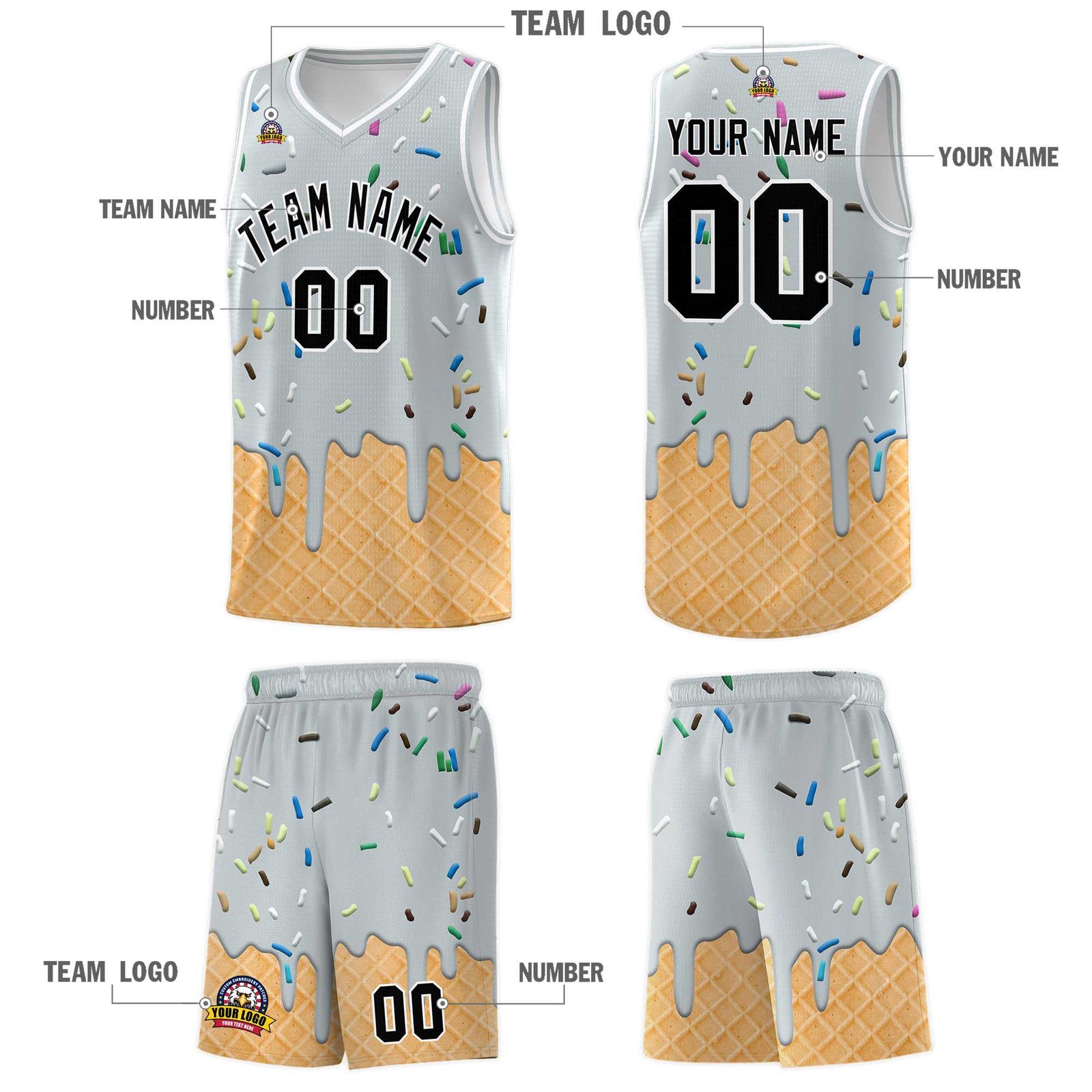 Custom Silver Basketball Kits with Ice Cream Element Pattern