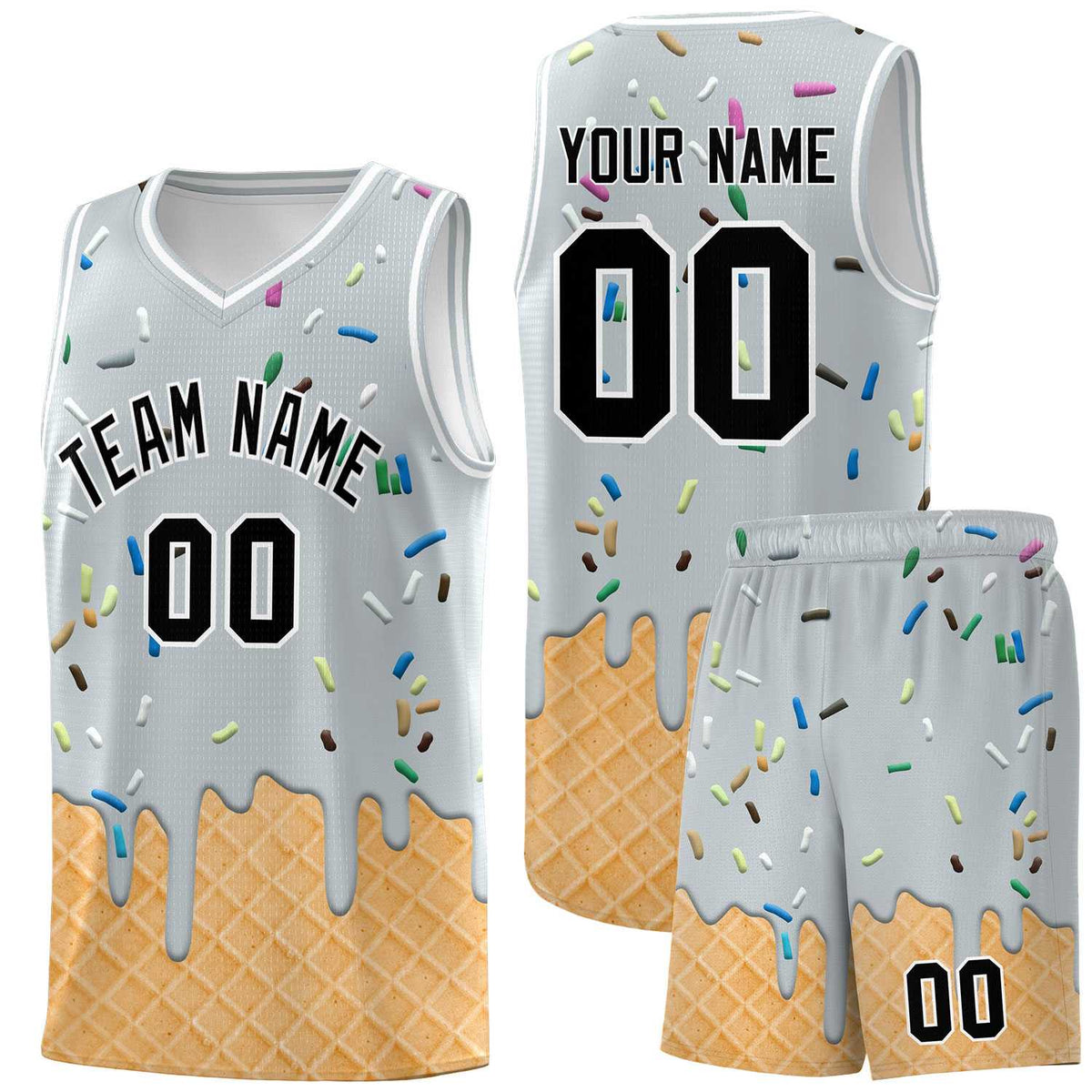 Custom Silver Basketball Kits with Ice Cream Element Pattern