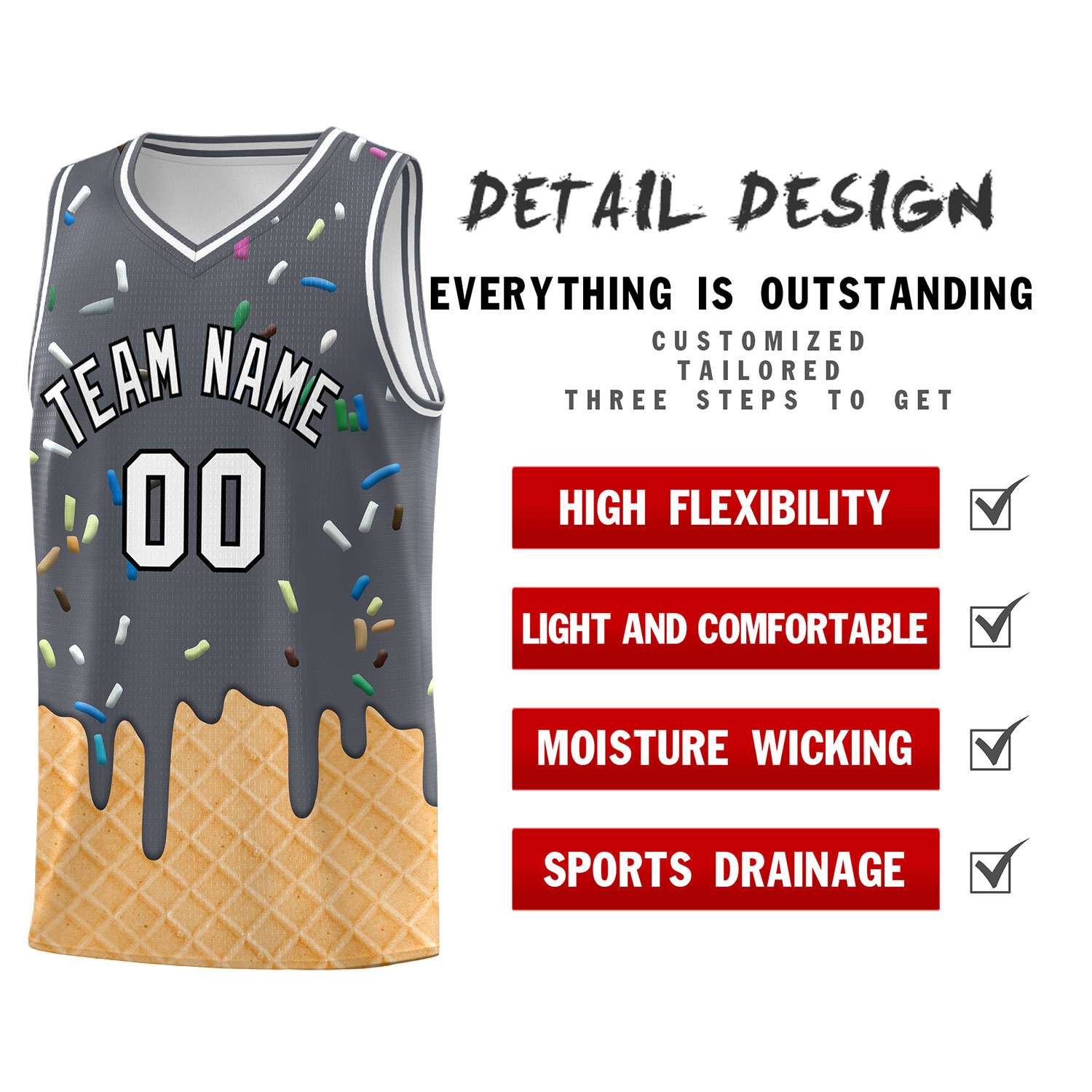 Custom Gray Basketball Kits with Ice Cream Element Pattern