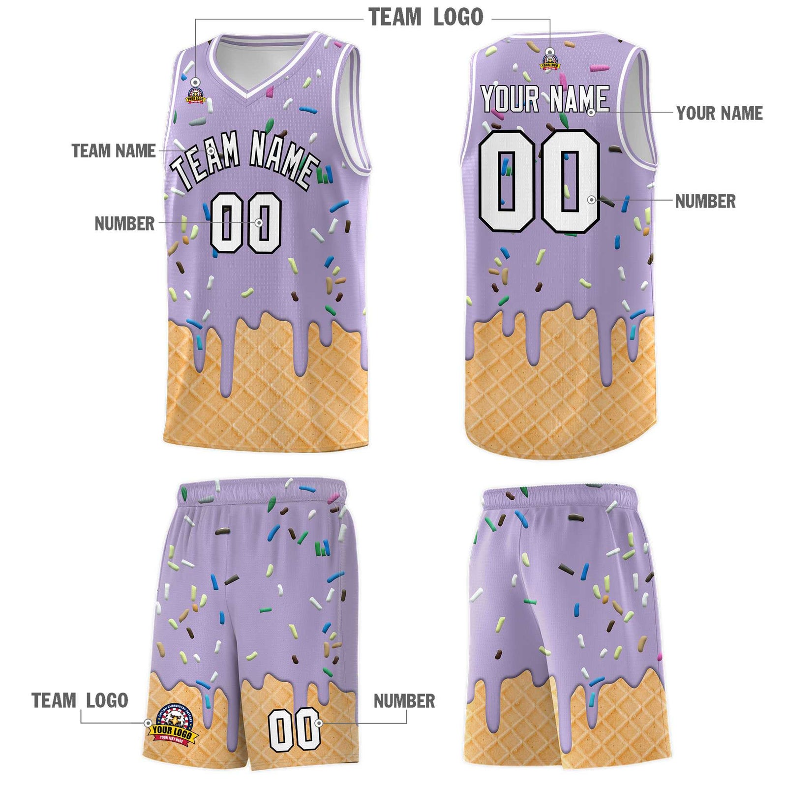 Custom Light Purple Basketball Kits with Ice Cream Element Pattern