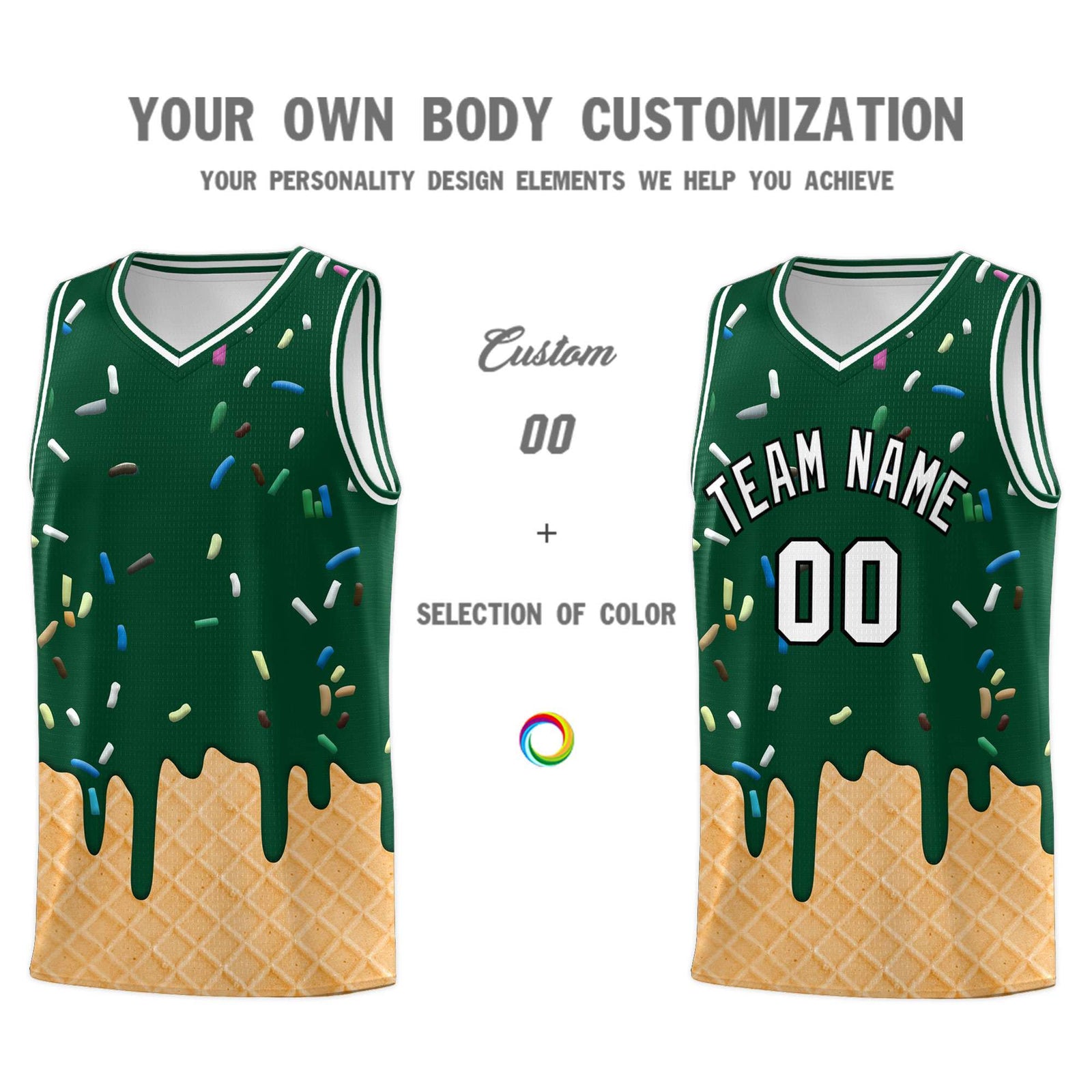 Custom Green Basketball Kits with Ice Cream Element Pattern