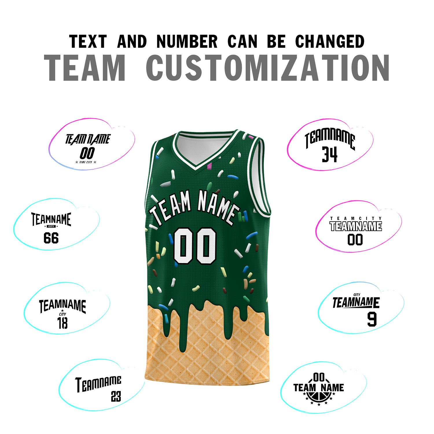Custom Green Basketball Kits with Ice Cream Element Pattern