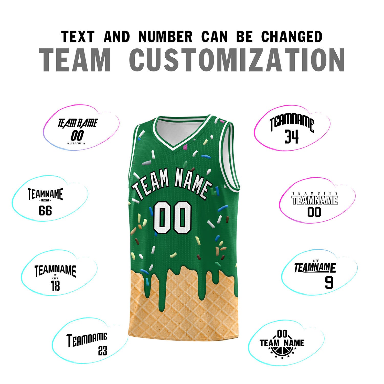 Custom Kelly Green Basketball Kits with Ice Cream Element Pattern