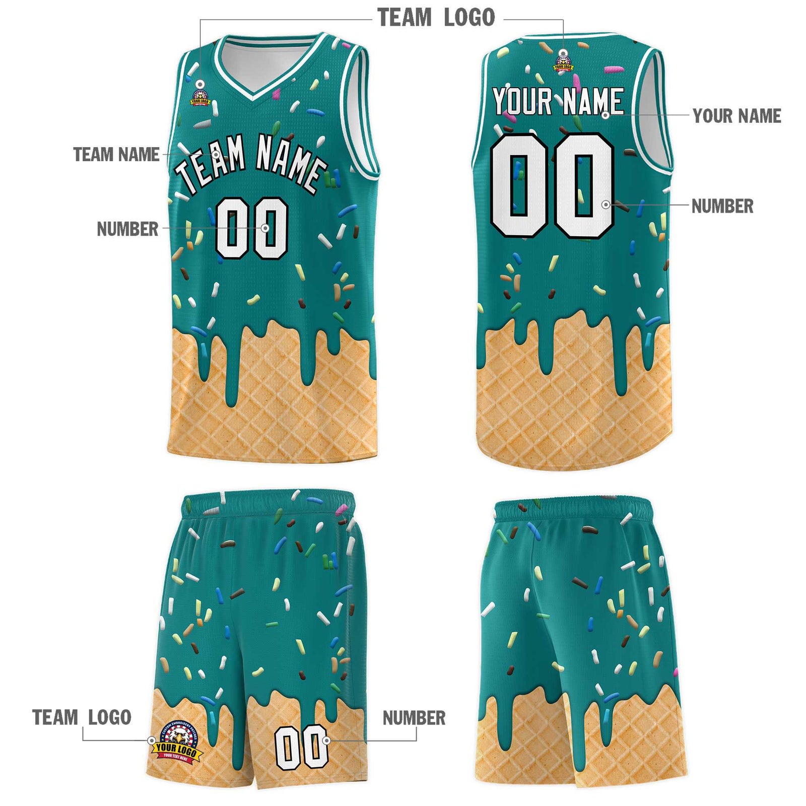 Custom Teal Basketball Kits with Ice Cream Element Pattern
