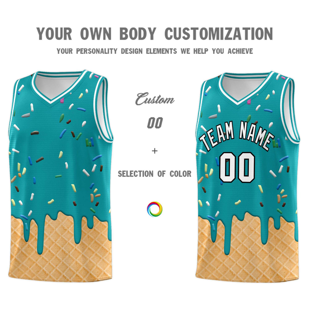 Custom Aqua Basketball Kits with Ice Cream Element Pattern