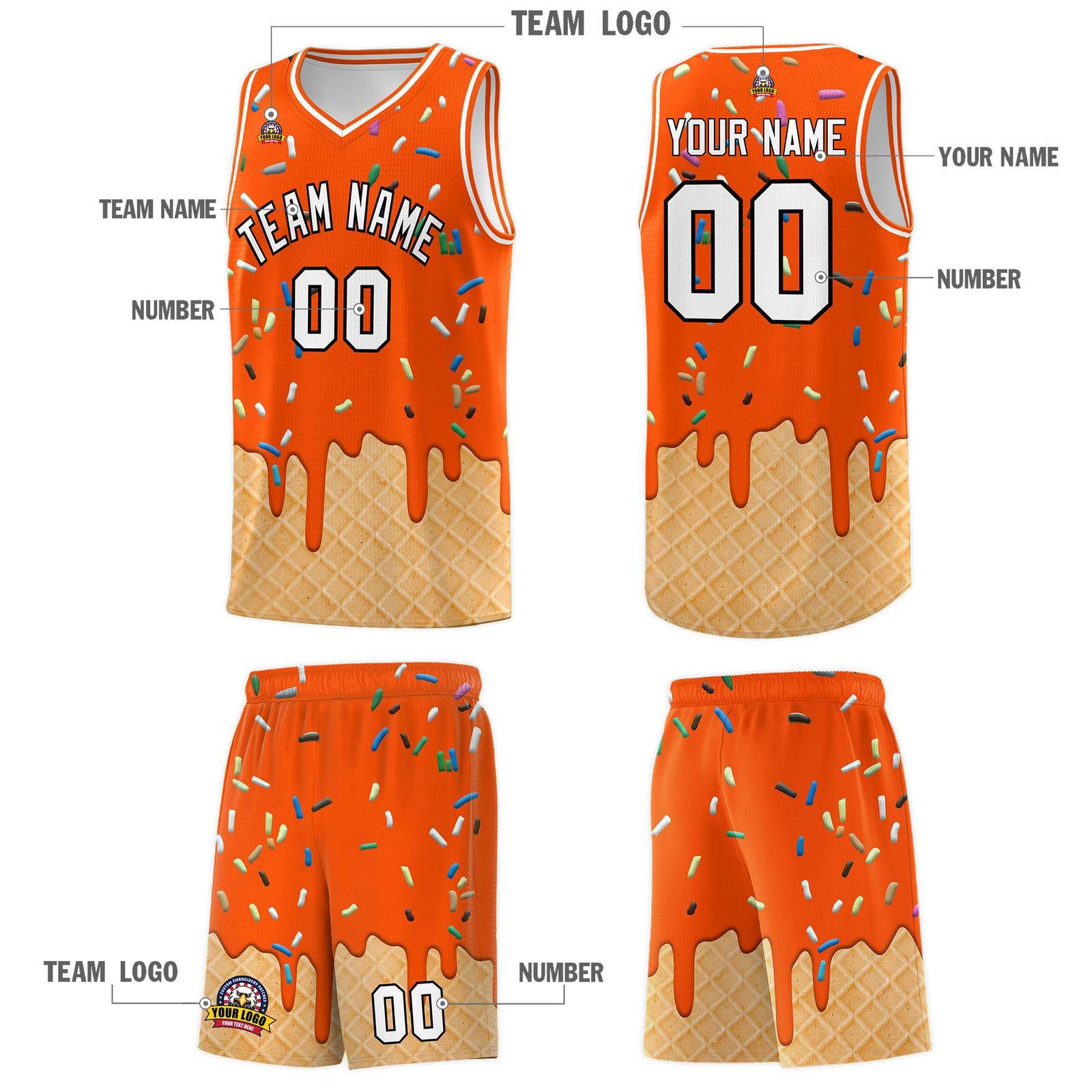Custom Orange Basketball Kits with Ice Cream Element Pattern