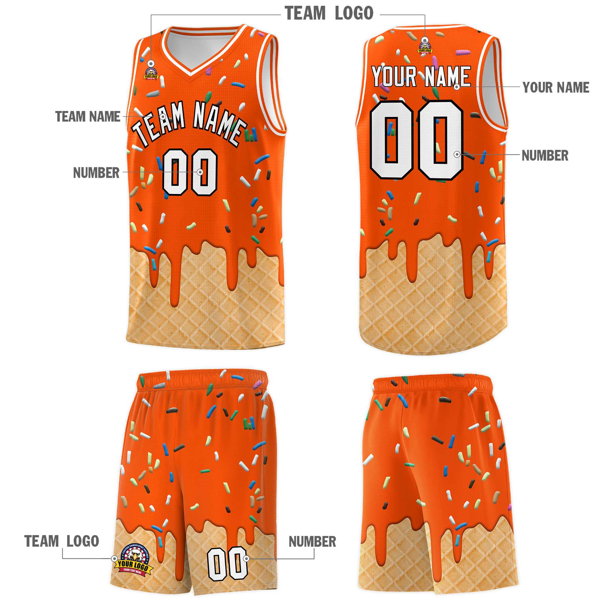 Custom Orange Basketball Kits with Ice Cream Element Pattern