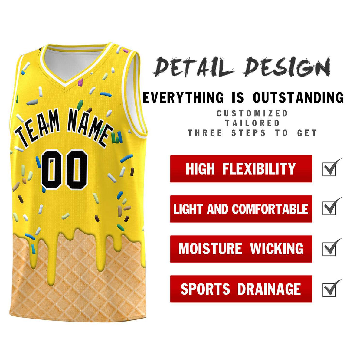 Custom Gold Basketball Kits with Ice Cream Element Pattern