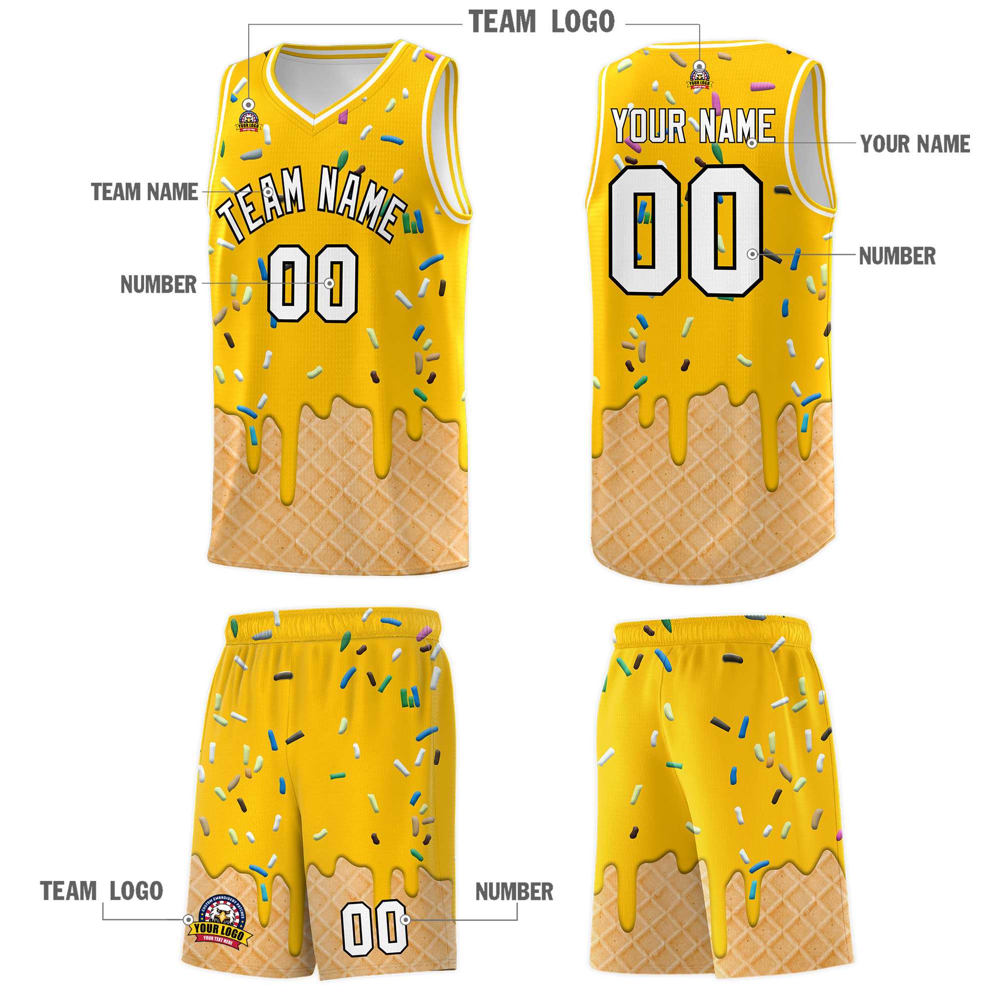 Custom Yellow Basketball Kits with Ice Cream Element Pattern