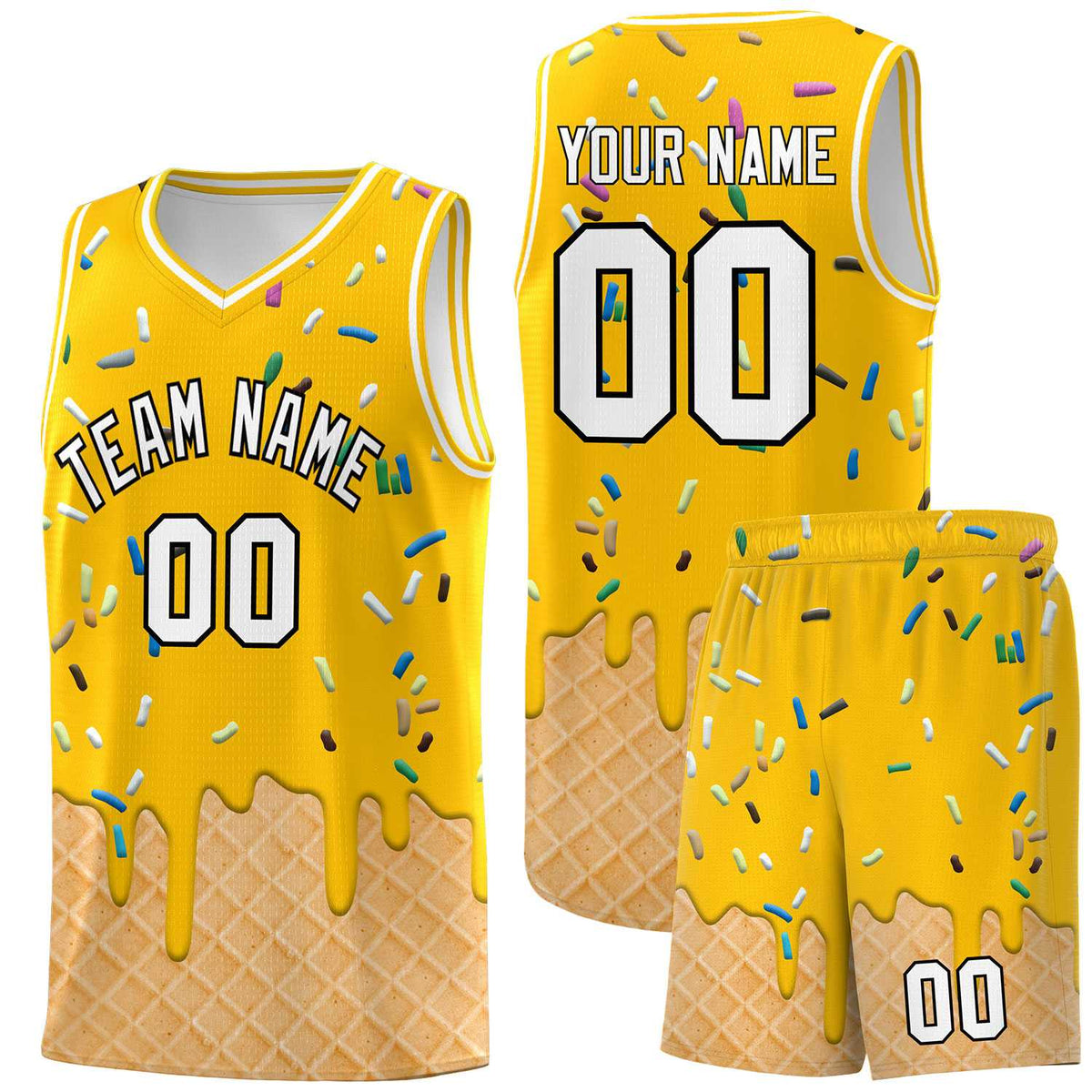 Custom Yellow Basketball Kits with Ice Cream Element Pattern