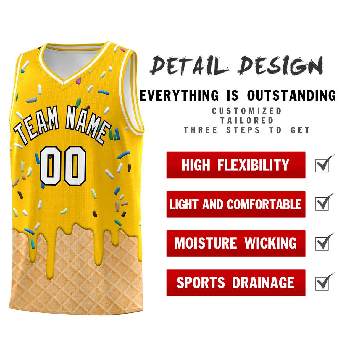 Custom Yellow Basketball Kits with Ice Cream Element Pattern