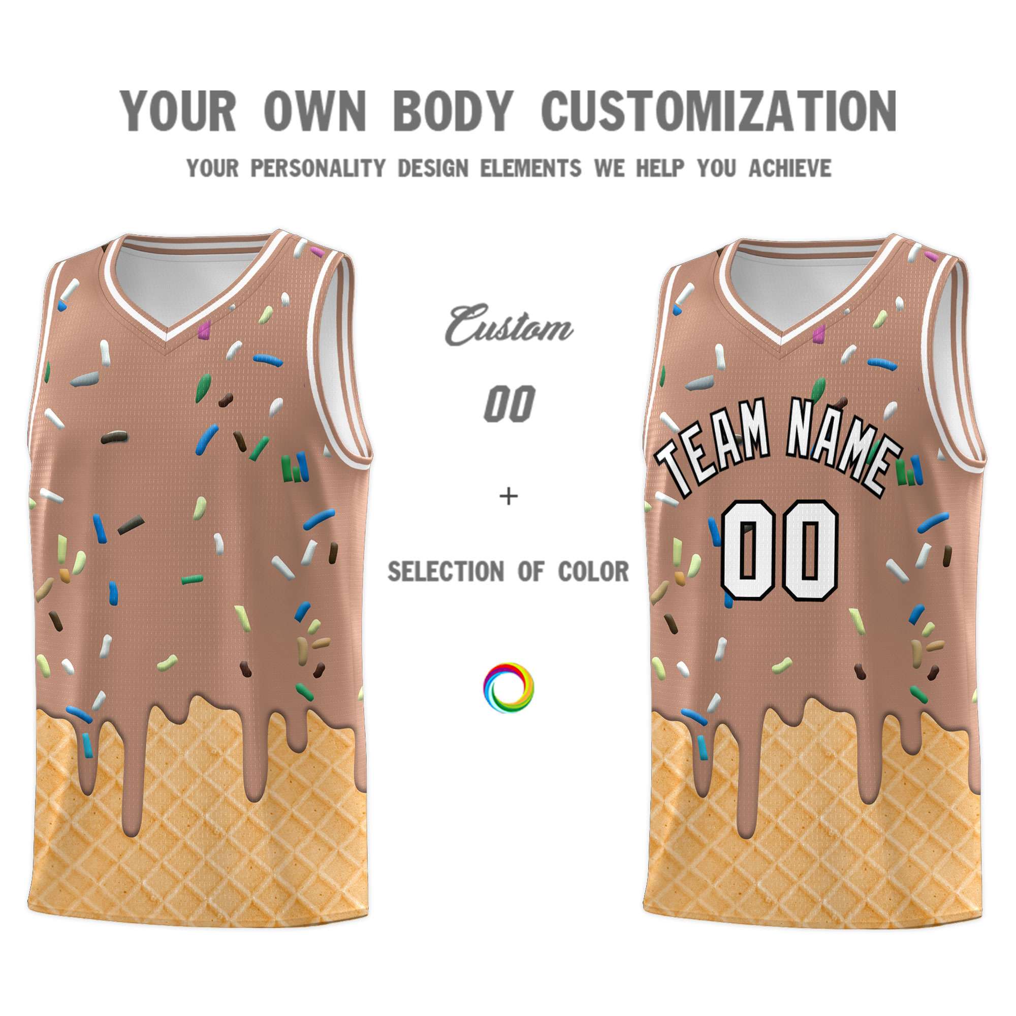Custom Coffee Basketball Kits with Ice Cream Element Pattern