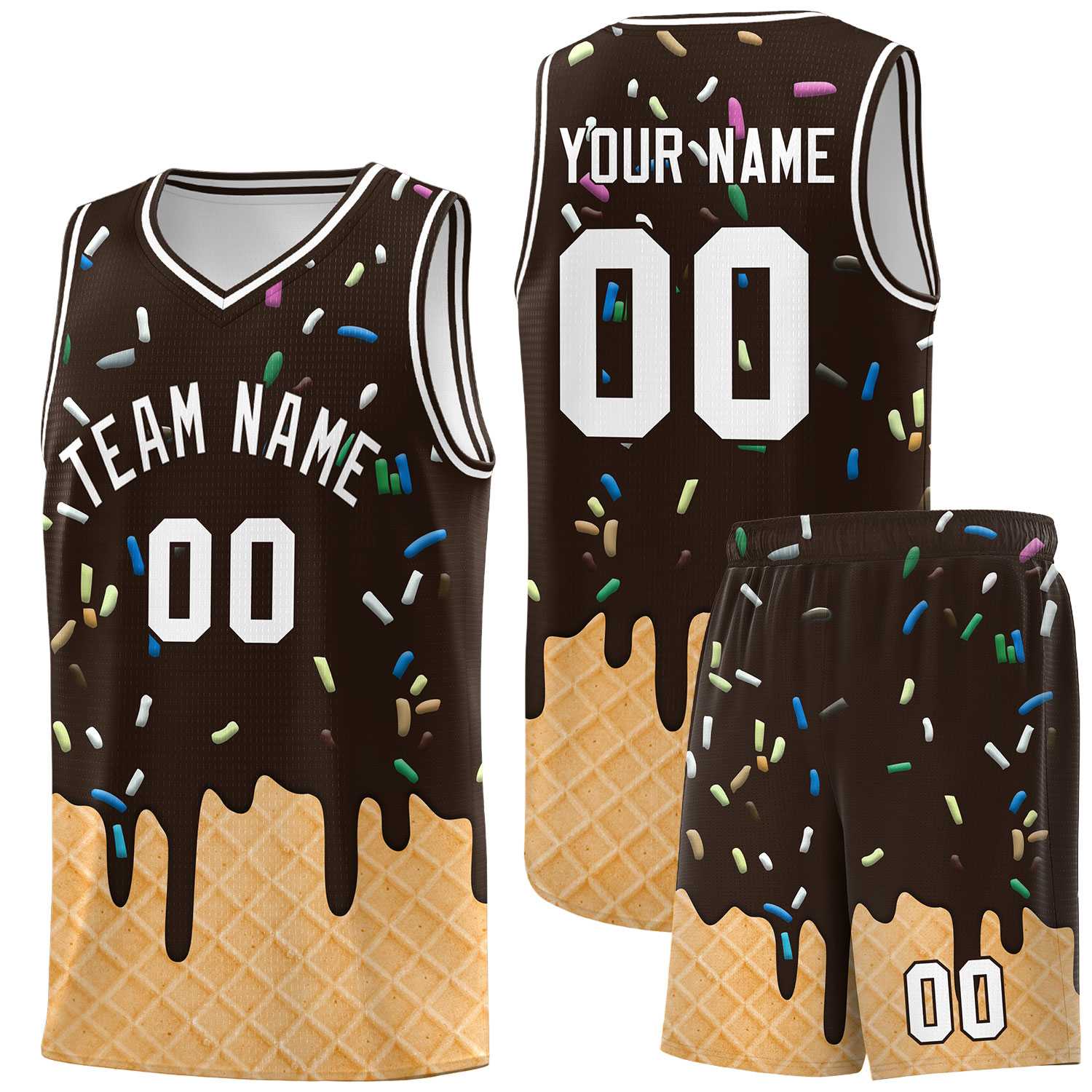 Custom Brown Basketball Kits with Ice Cream Element Pattern