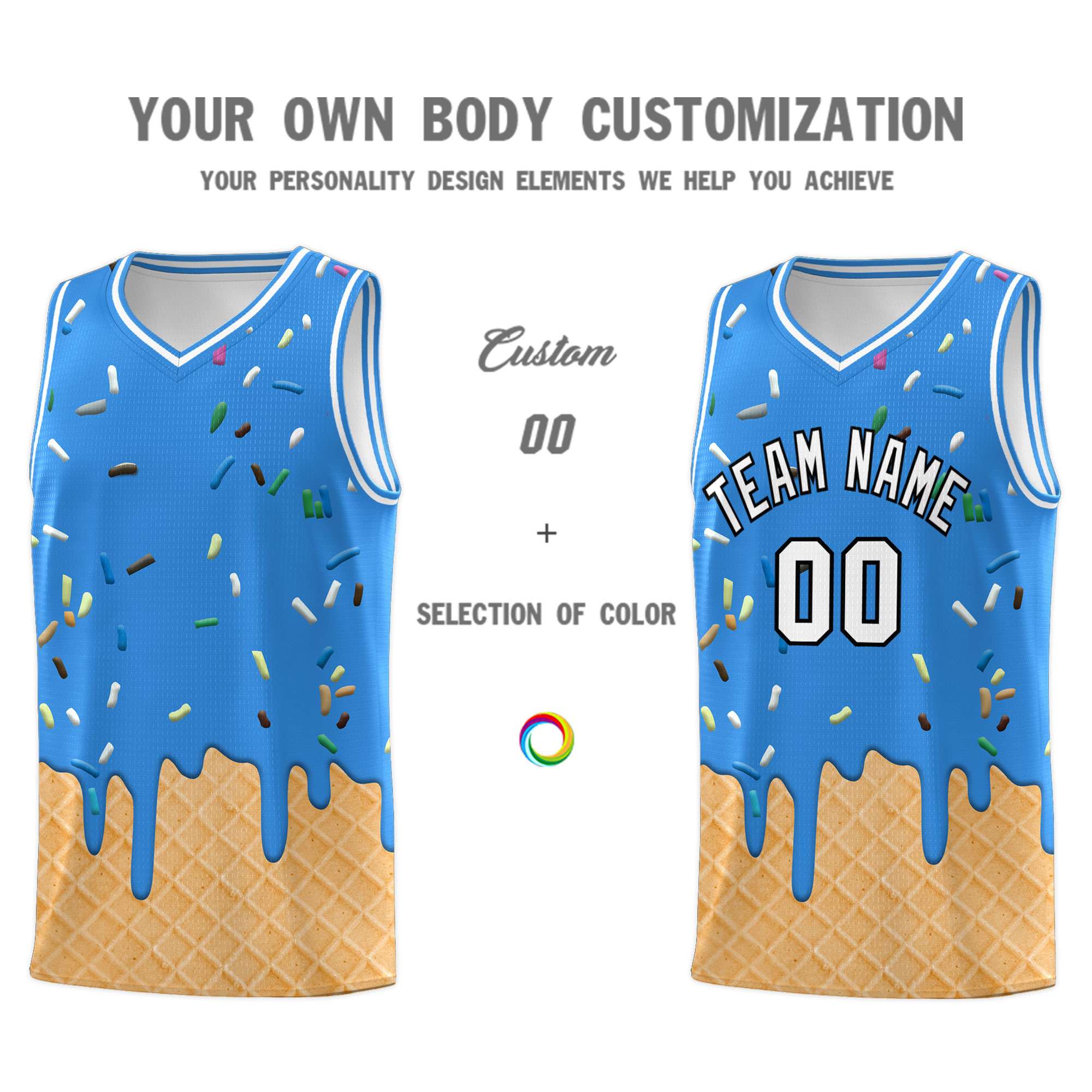 Custom Light Blue Basketball Kits with Ice Cream Element Pattern